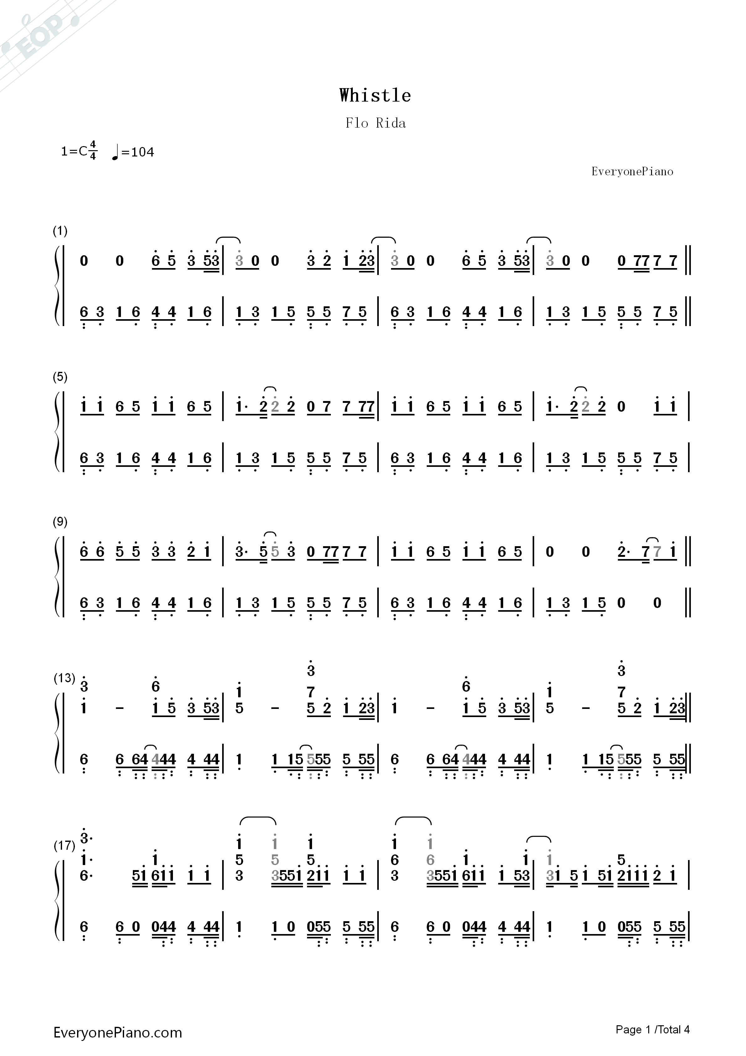 Whistle钢琴简谱_Flo_Rida演唱