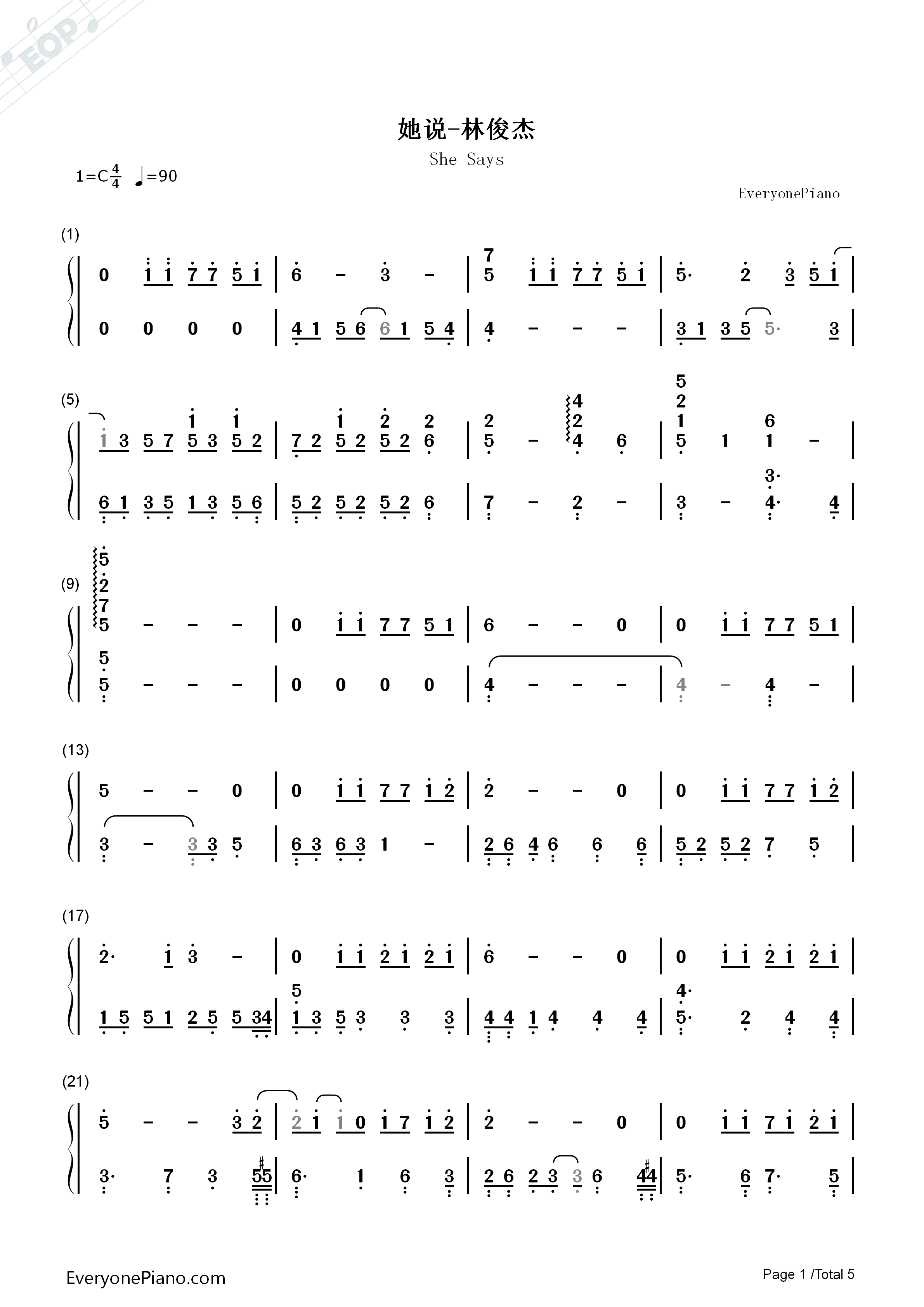 她说钢琴简谱_林俊杰演唱