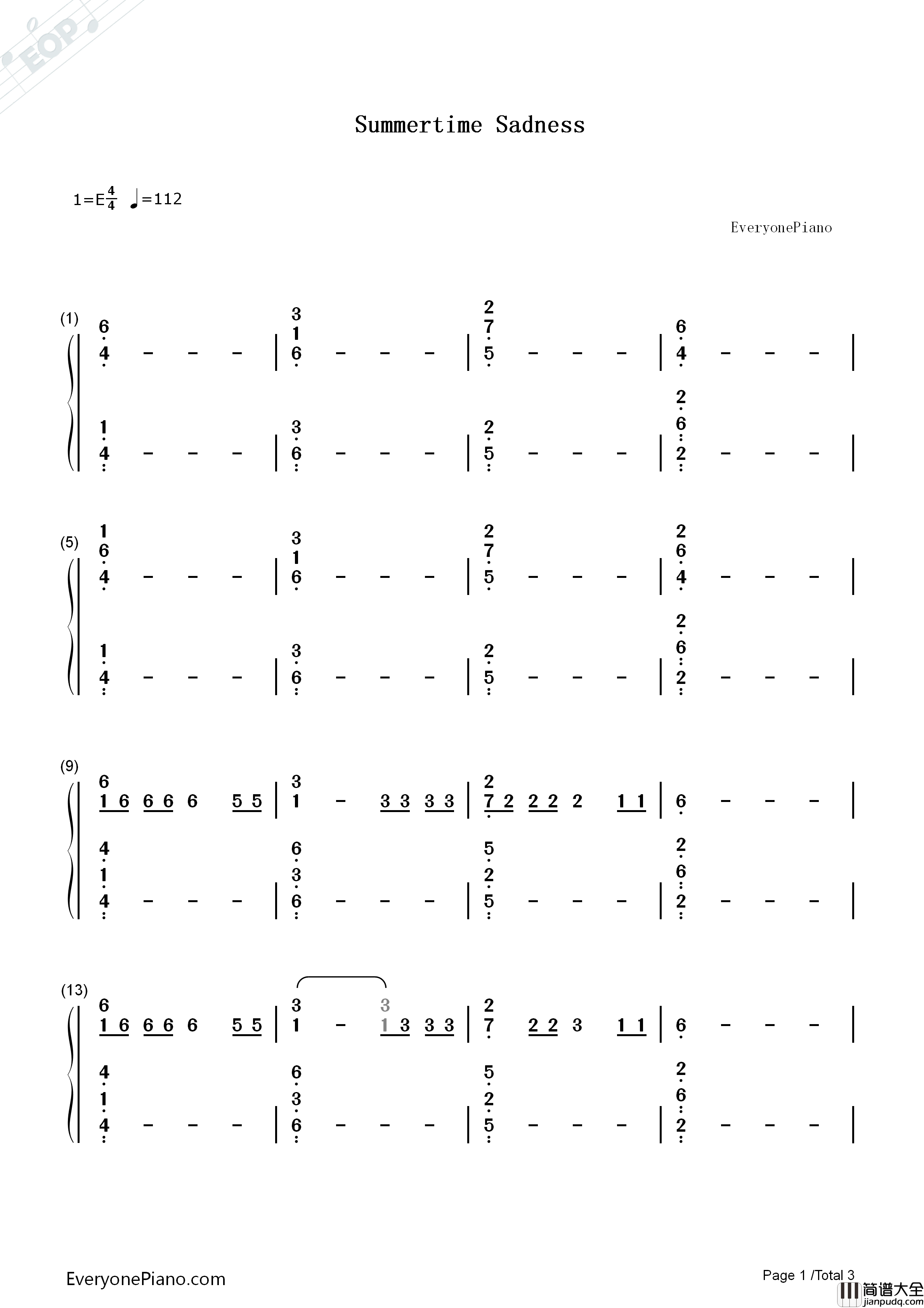 Summertime_Sadness（夏日忧郁）钢琴简谱_Lana_Del_Rey演唱