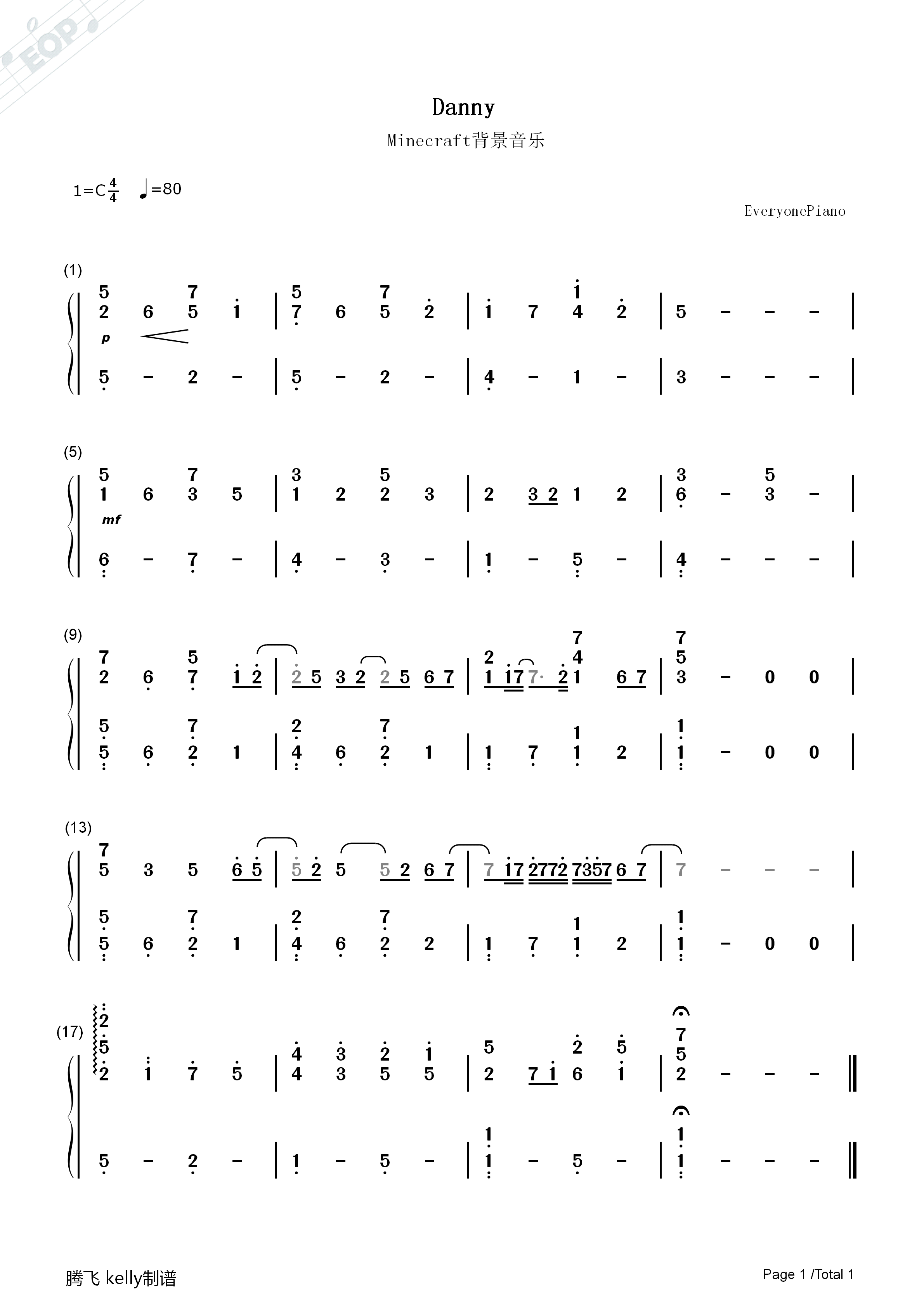 Danny钢琴简谱_丹尼尔•罗森菲尔德C418演唱