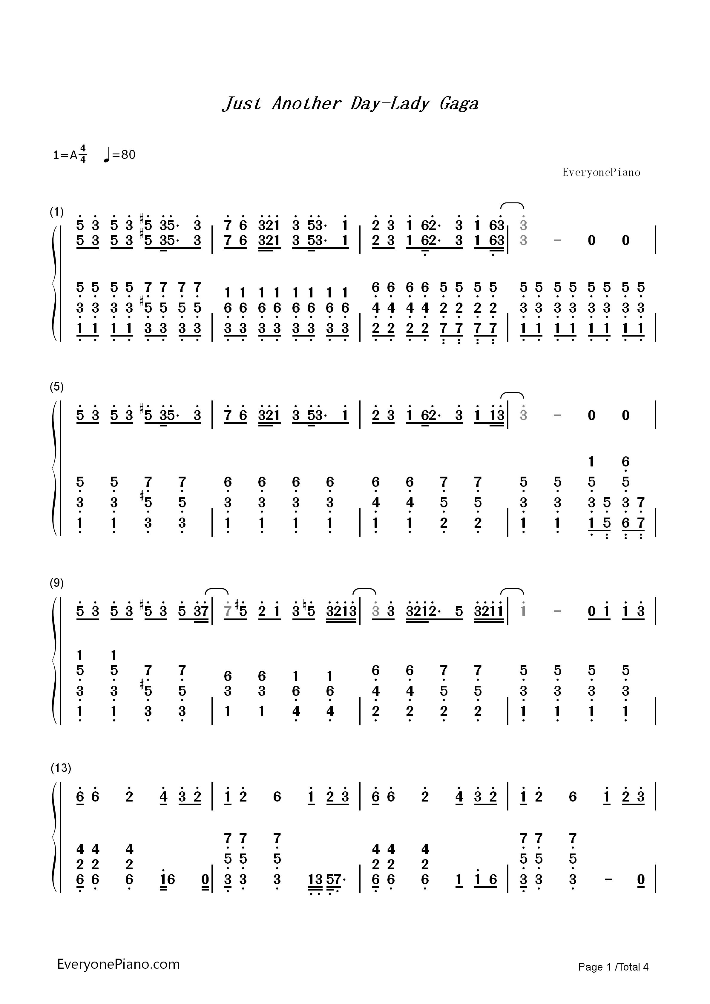 Just_Another_Day钢琴简谱_Lady_Gaga演唱