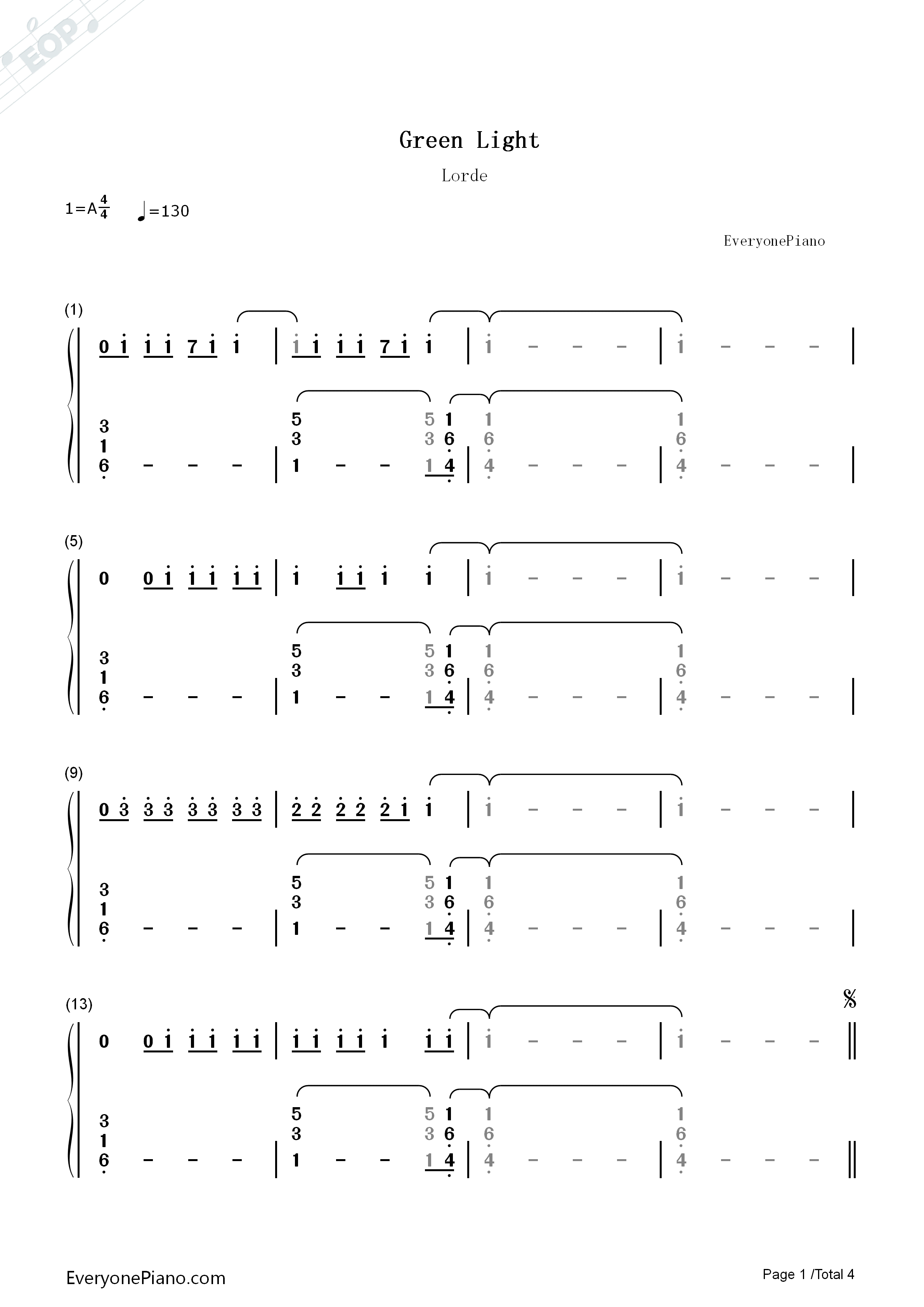 Green_Light钢琴简谱_Lorde演唱