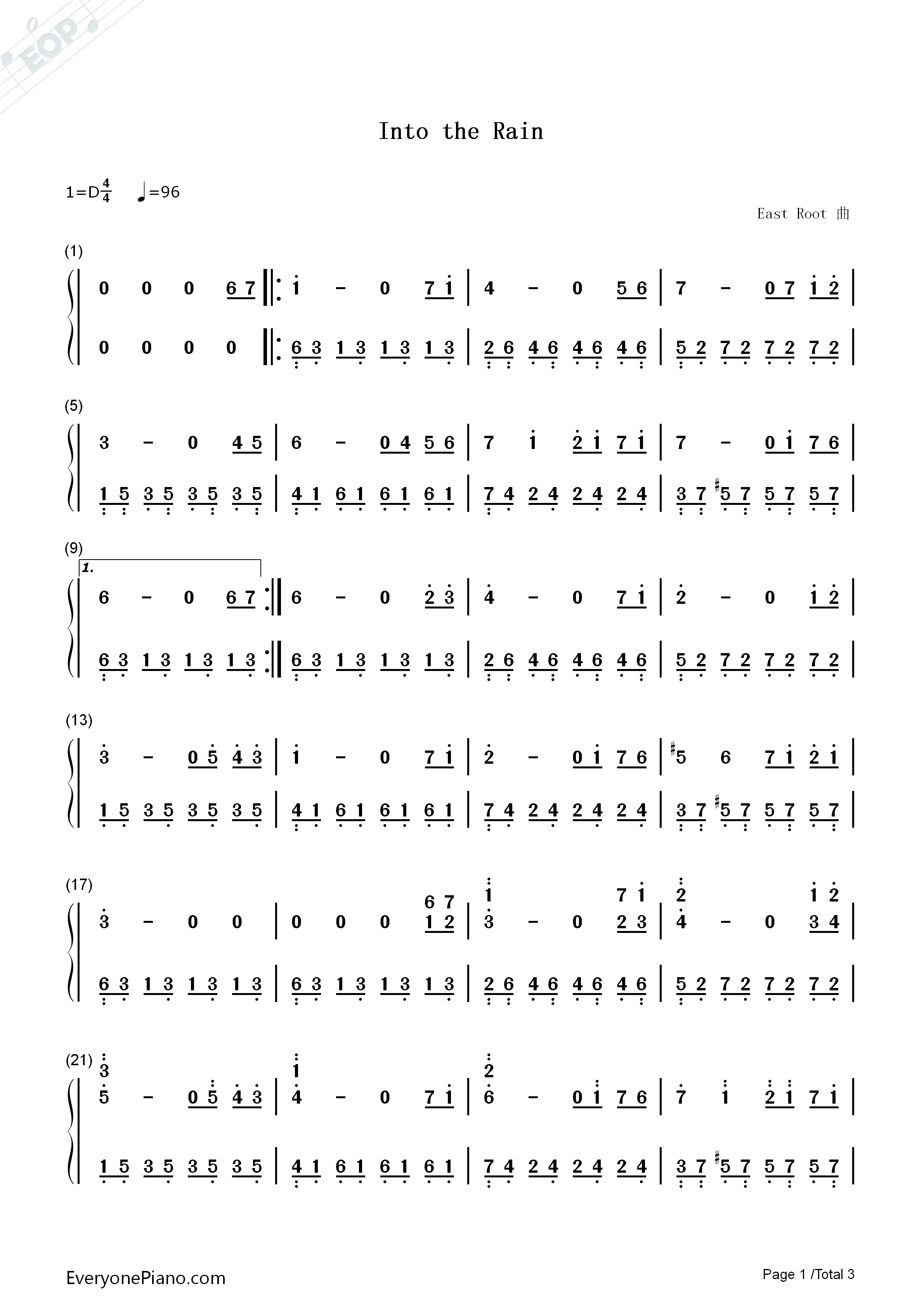Into_The_Rain钢琴简谱_East_Root演唱