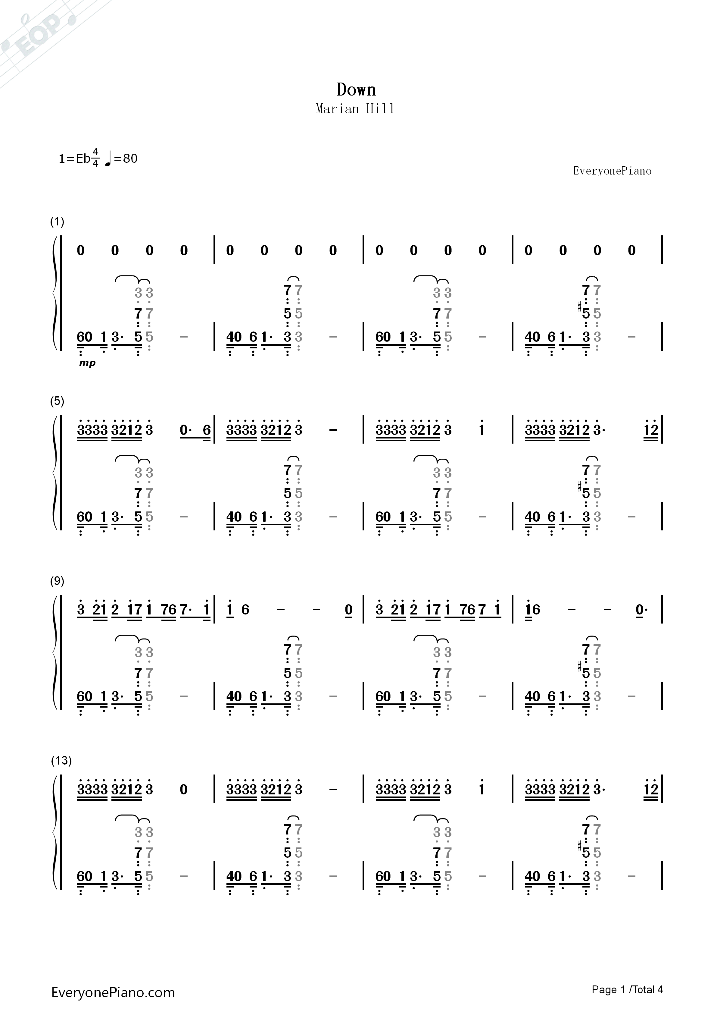 Down钢琴简谱_Marian_Hill演唱