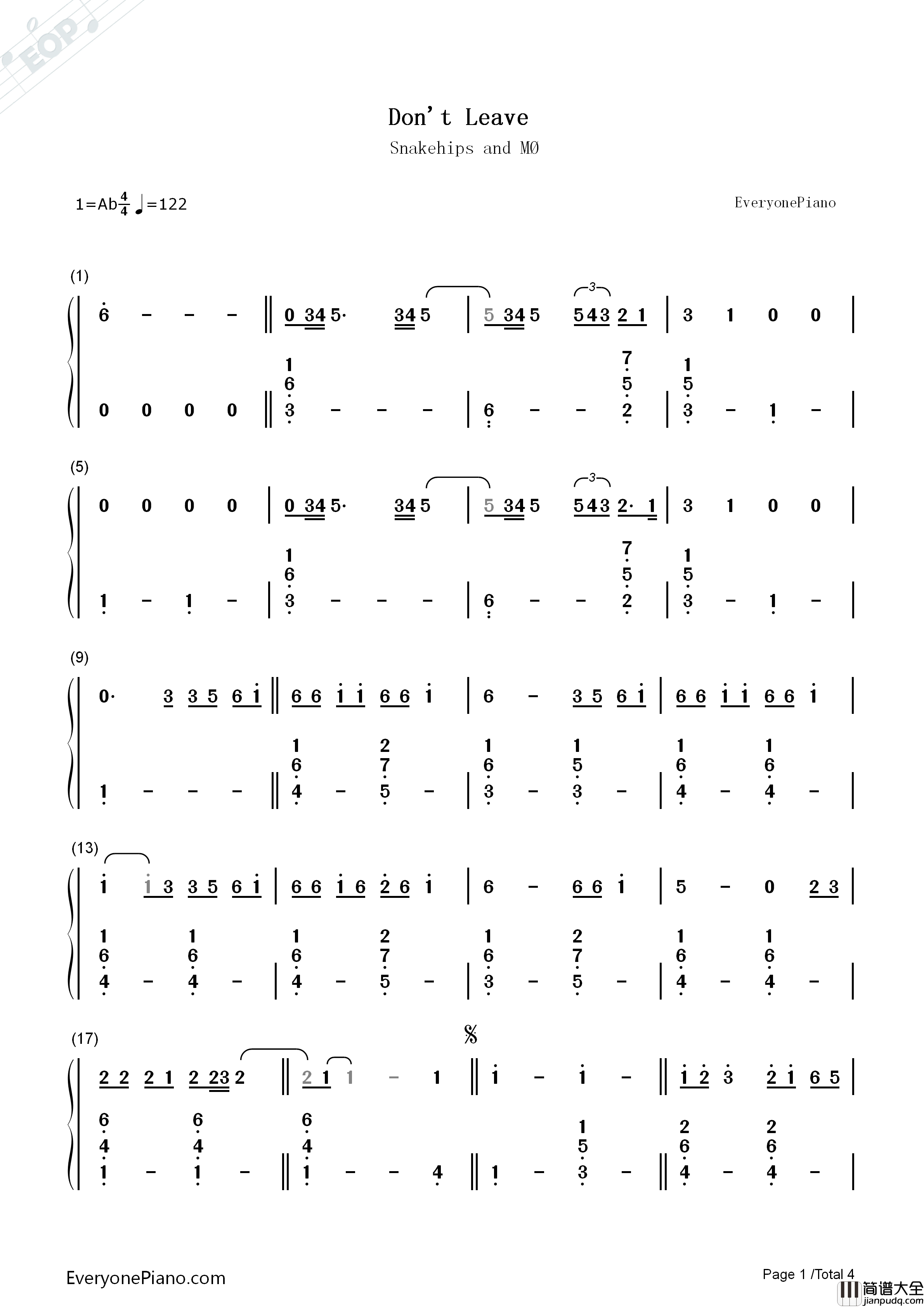 Don't_Leave钢琴简谱_Snakehips_MØ演唱