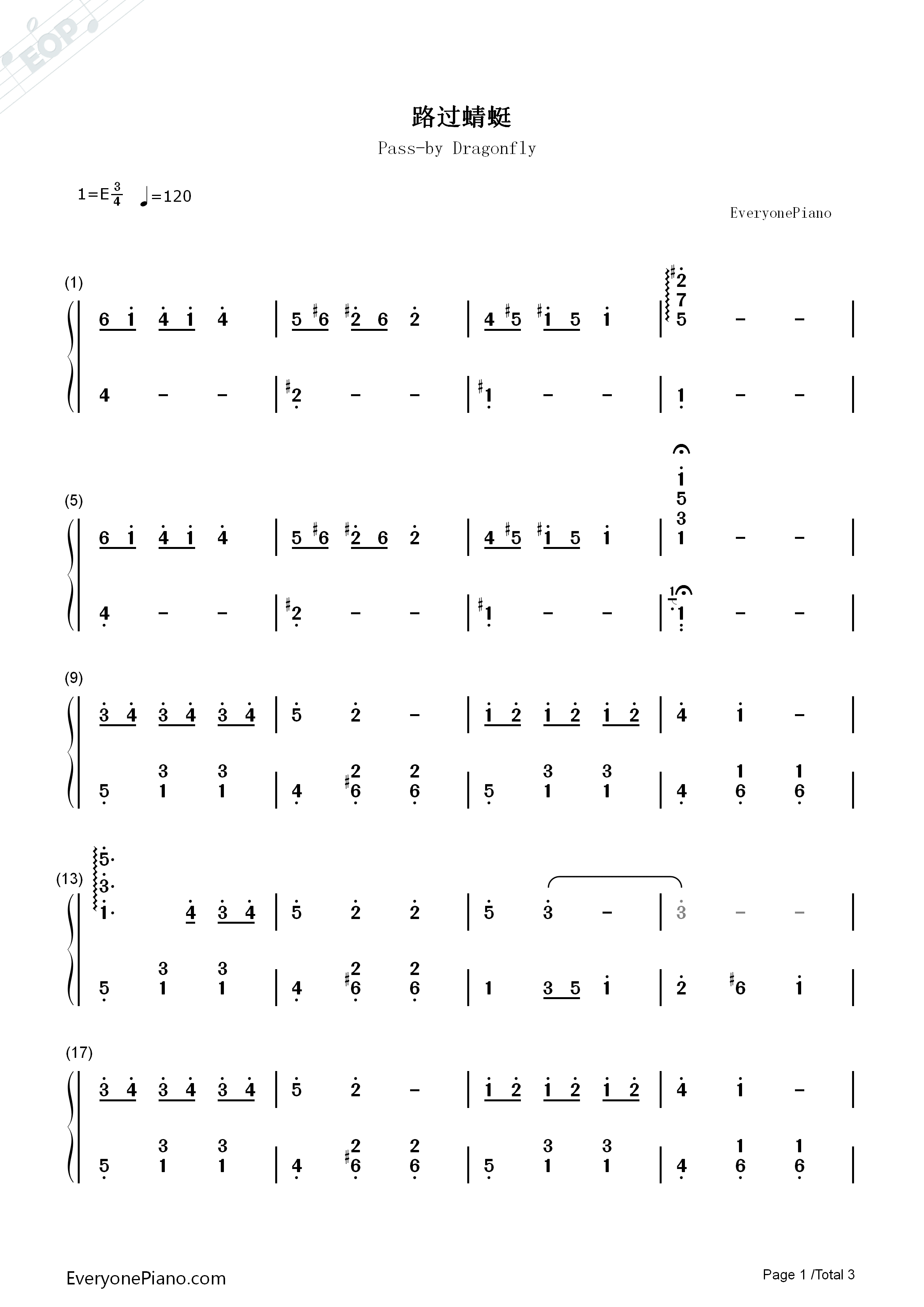 路过蜻蜓钢琴简谱_张国荣演唱