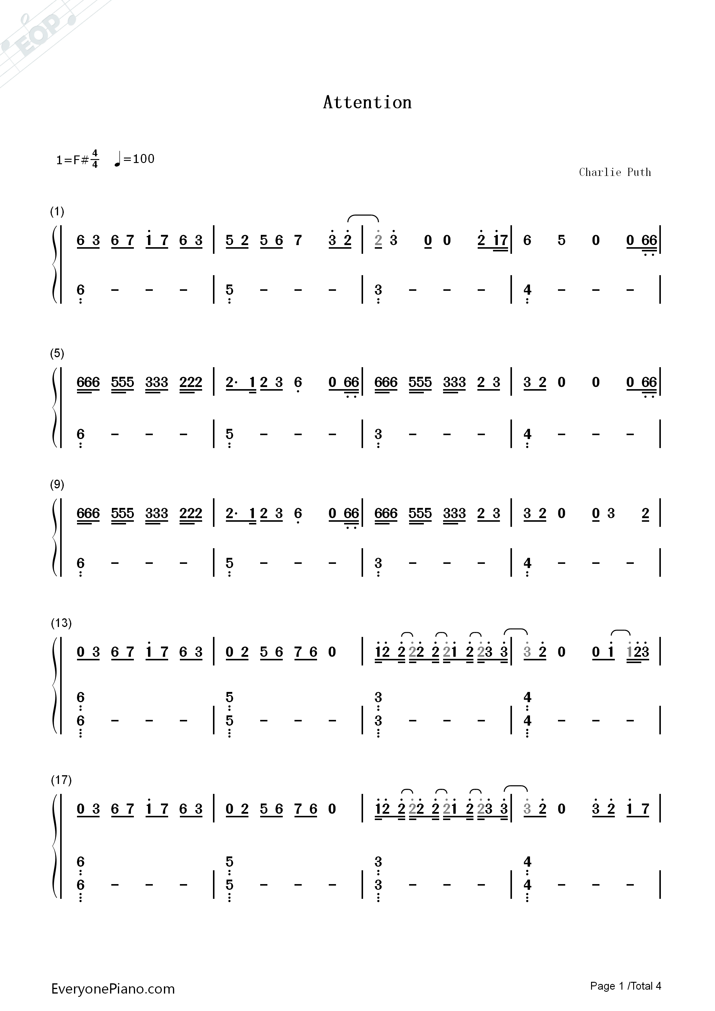 Attention钢琴简谱_Charlie_Puth演唱