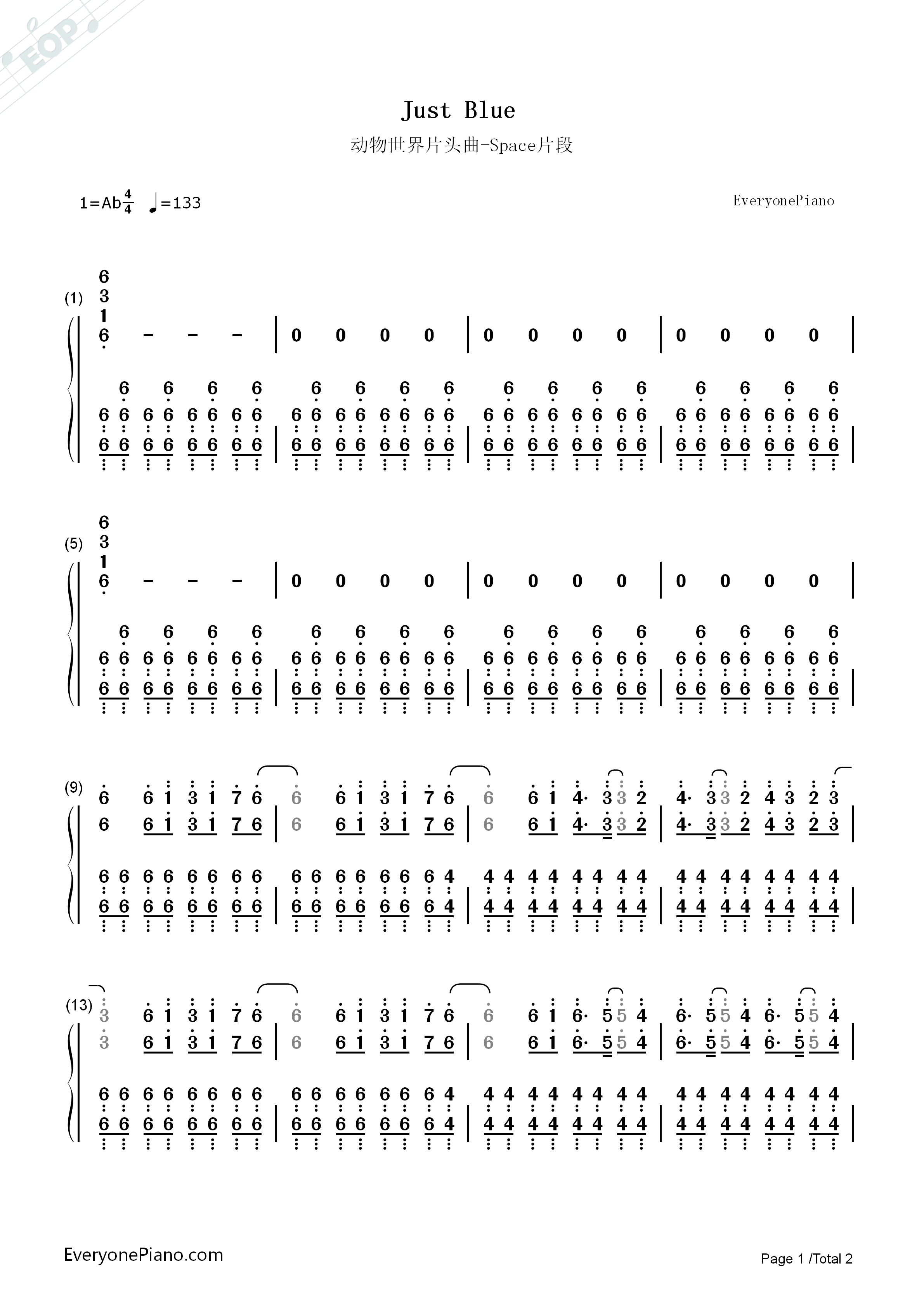 Just_Blue钢琴简谱_Space演唱