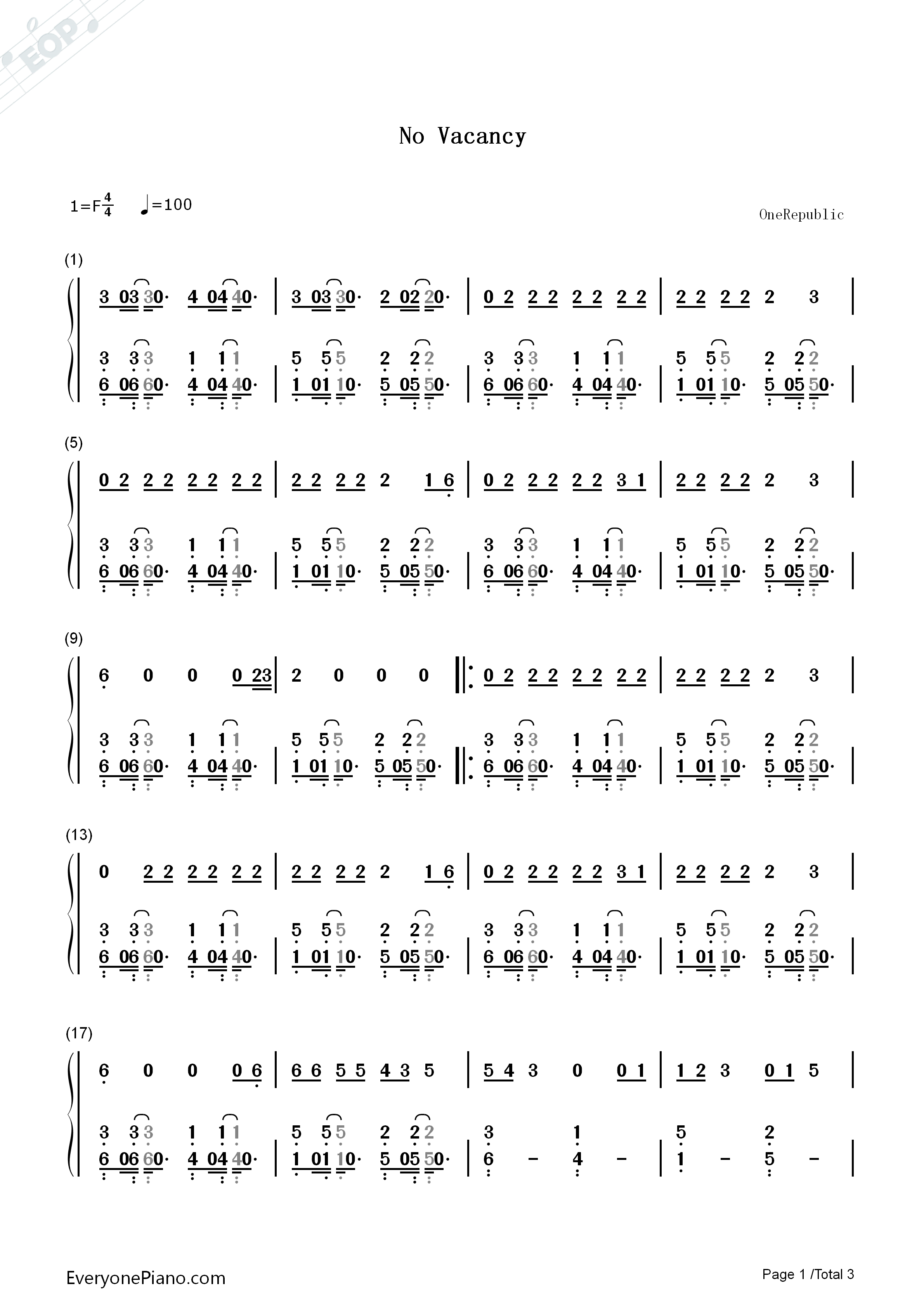 No_Vacancy钢琴简谱_OneRepublic演唱