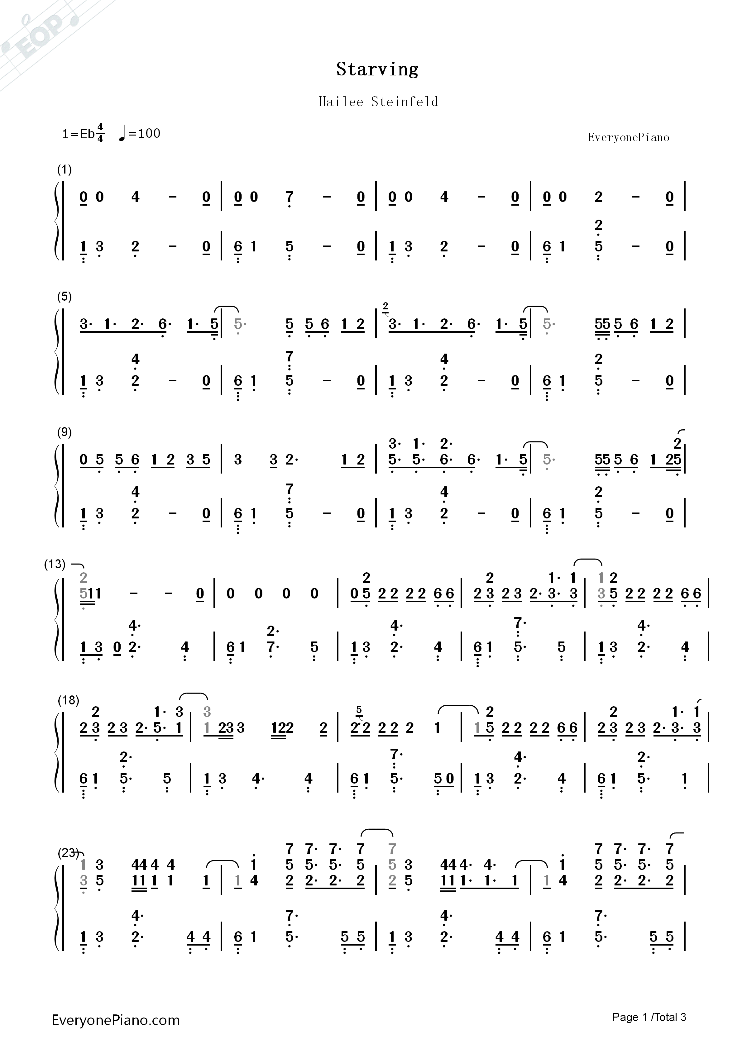 Starving钢琴简谱_Hailee_Steinfeld演唱