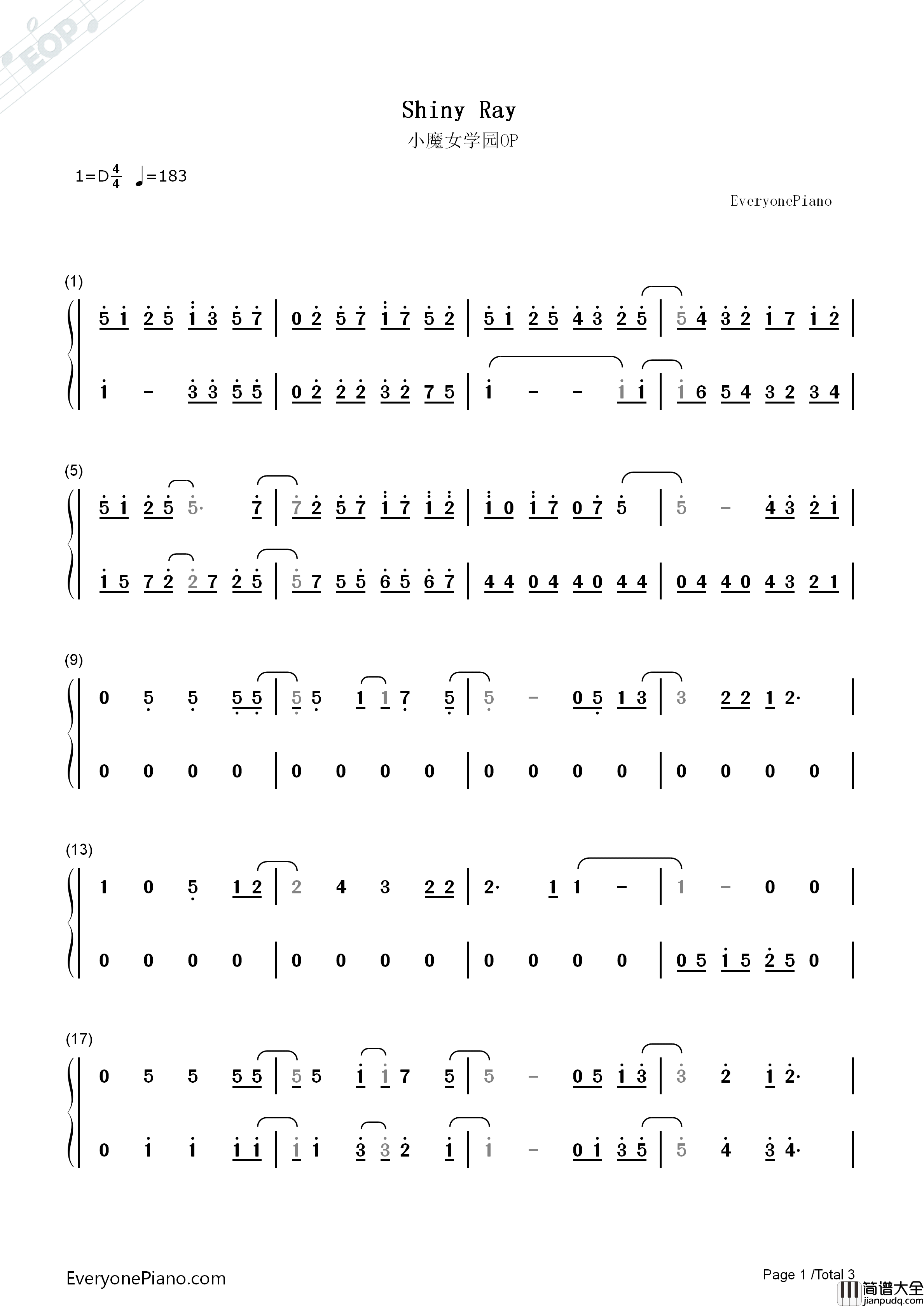 Shiny_Ray钢琴简谱_YURiKA演唱