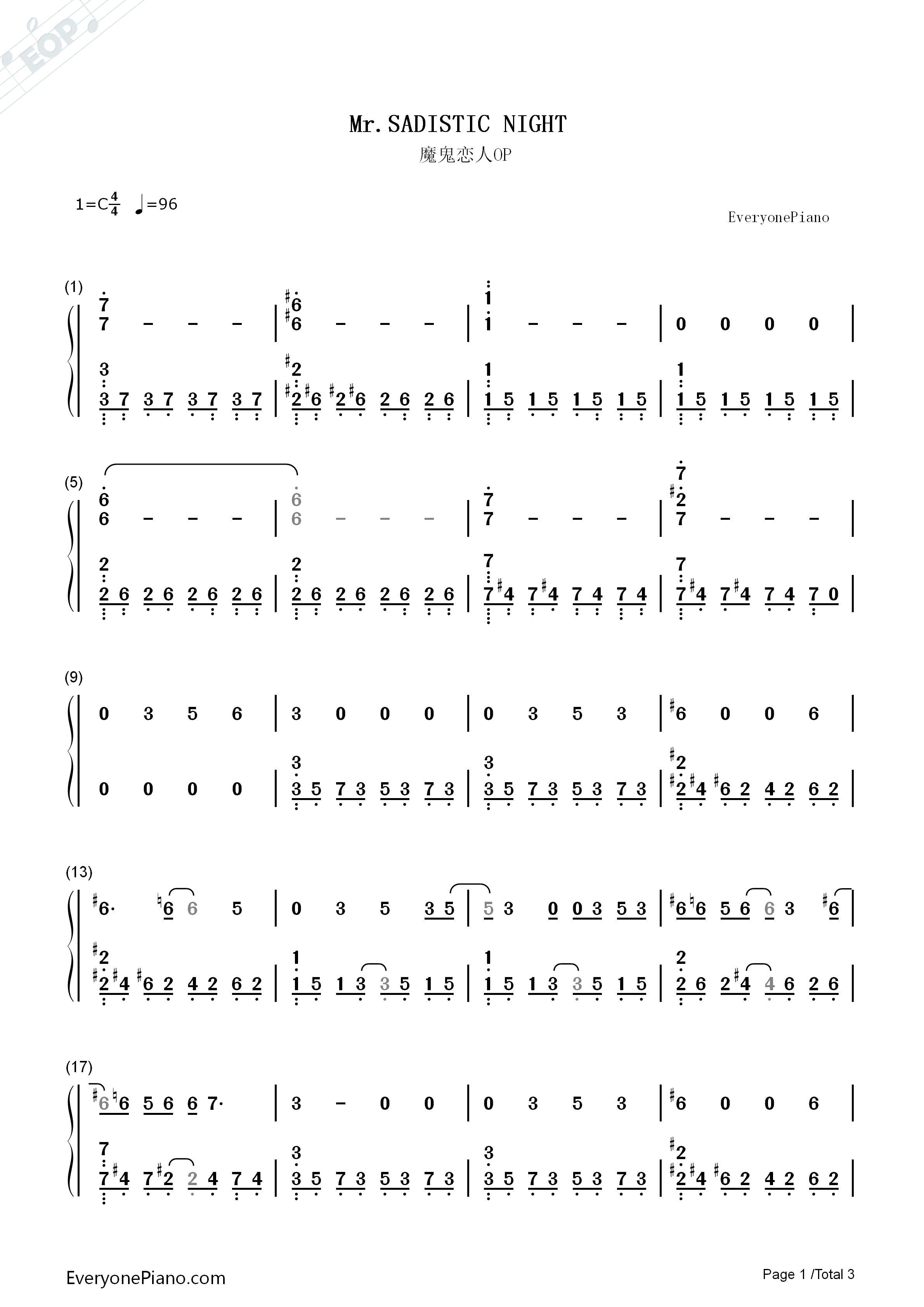 Mr_SADISTIC_NIGHT钢琴简谱_绿川光_鸟海浩辅演唱