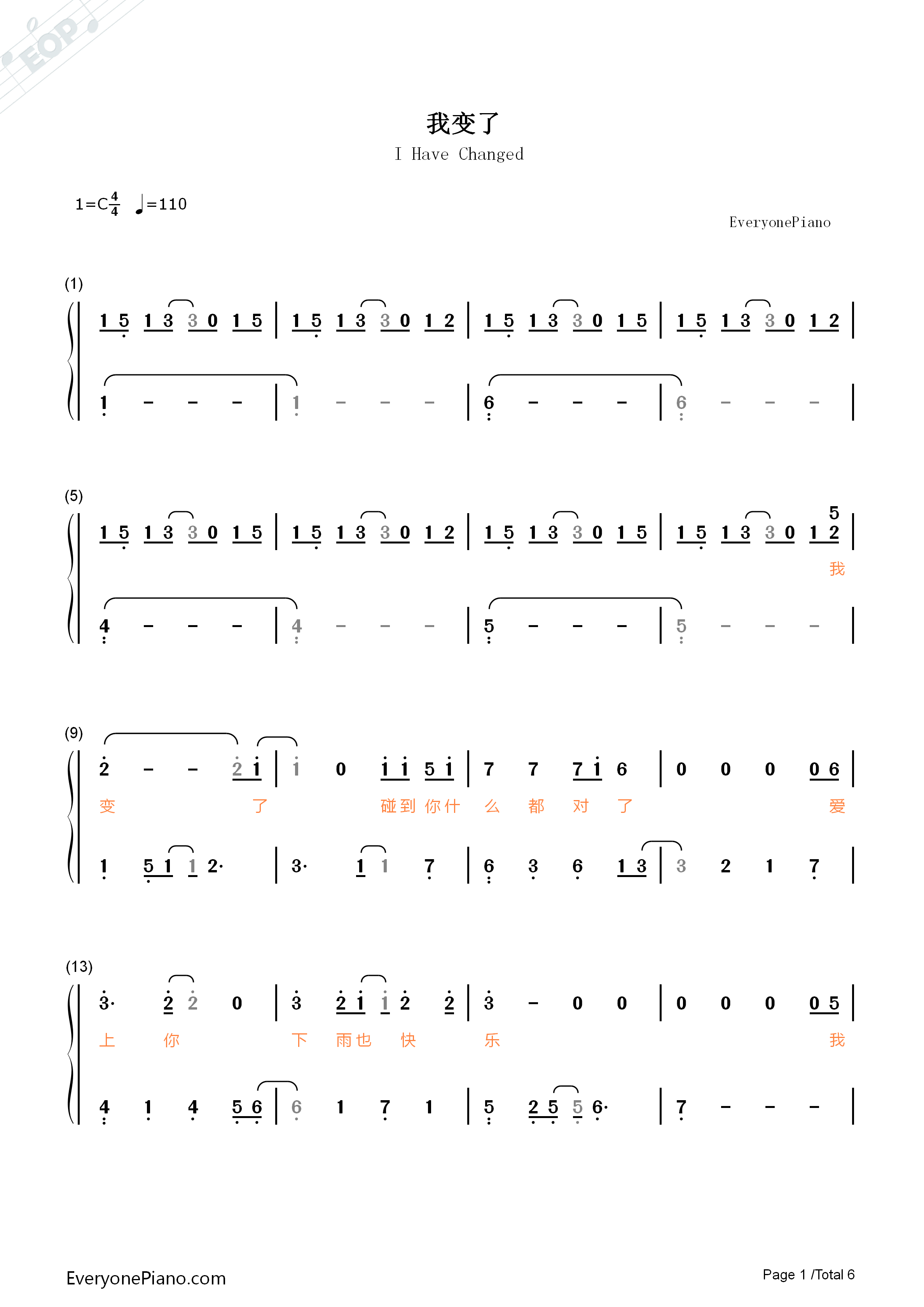 我变了钢琴简谱_李宇春演唱