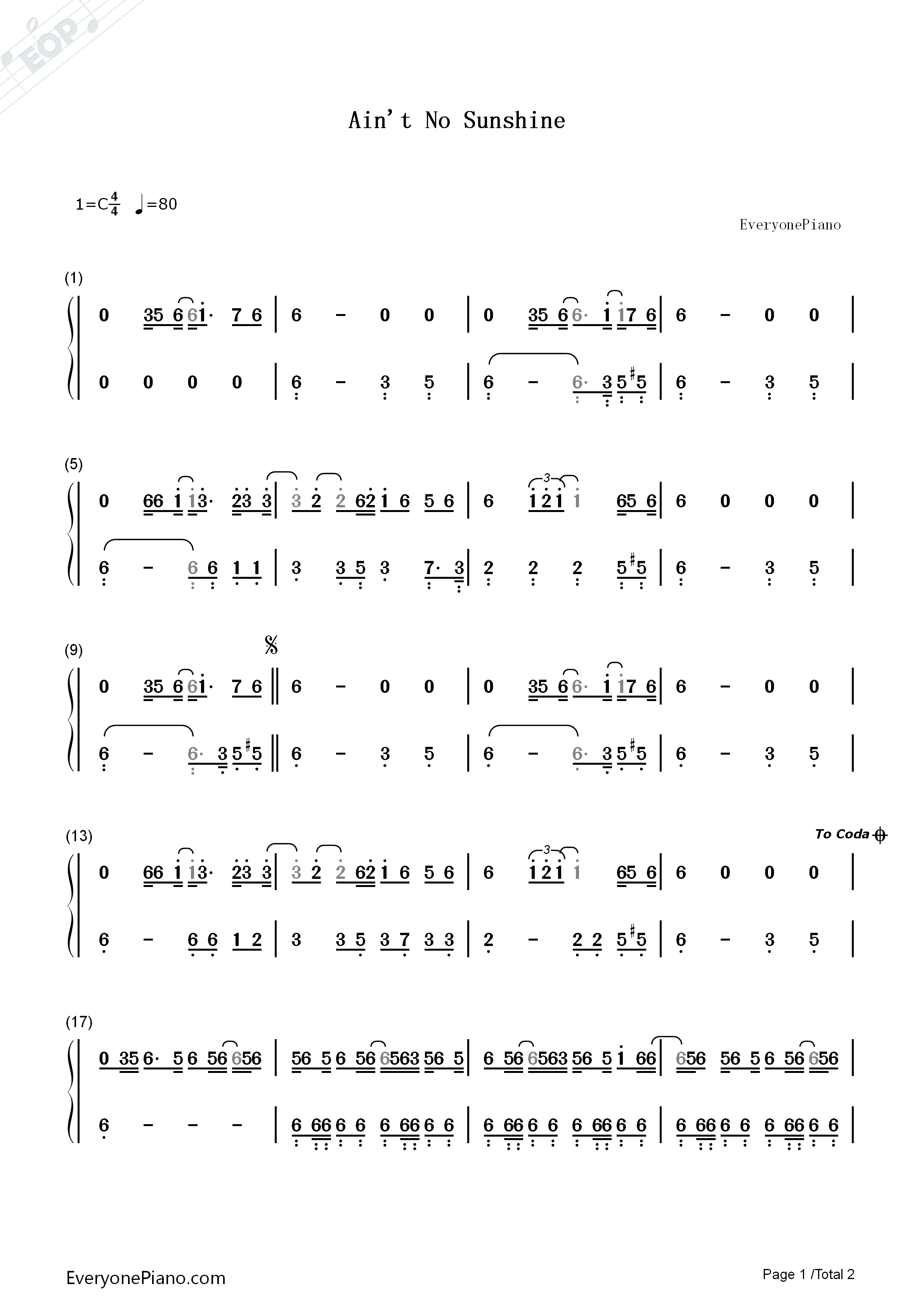 Ain't_No_Sunshine钢琴简谱_Bill_Withers演唱