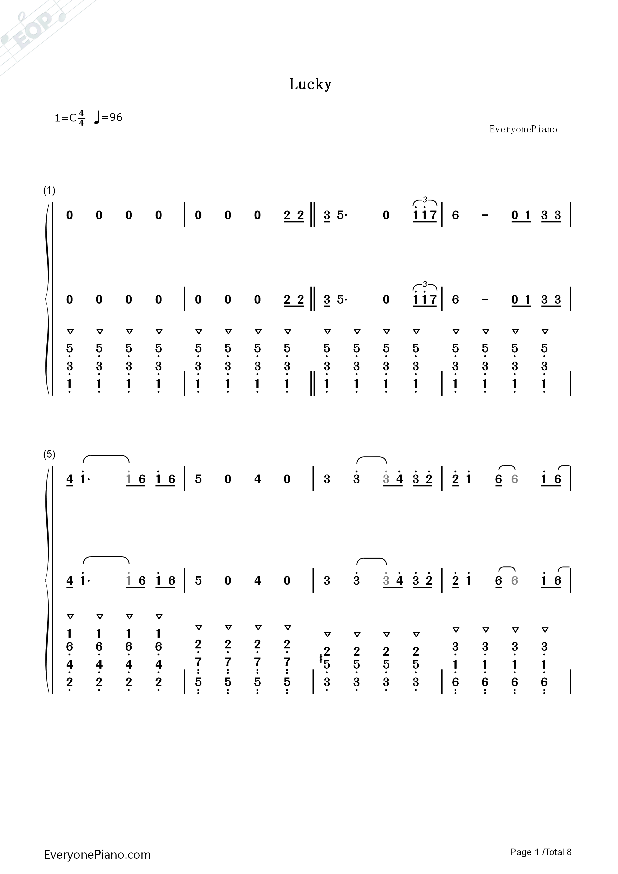 Lucky钢琴简谱_Jason_Mraz_&_Colbie_Caillat演唱