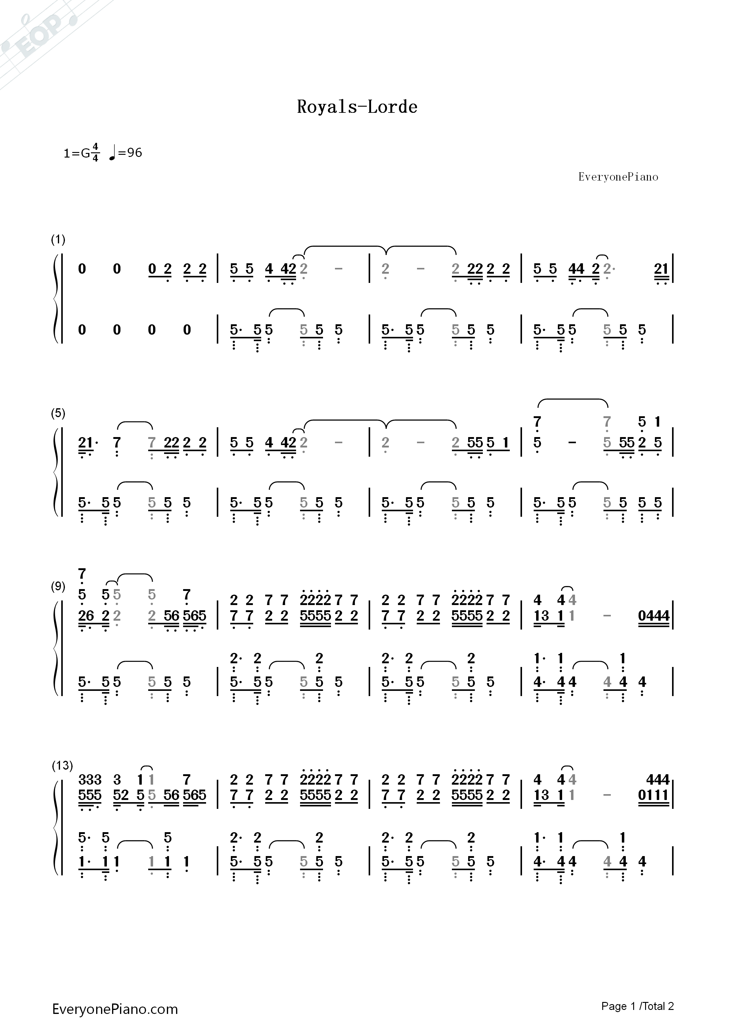 Royals钢琴简谱_Lorde演唱