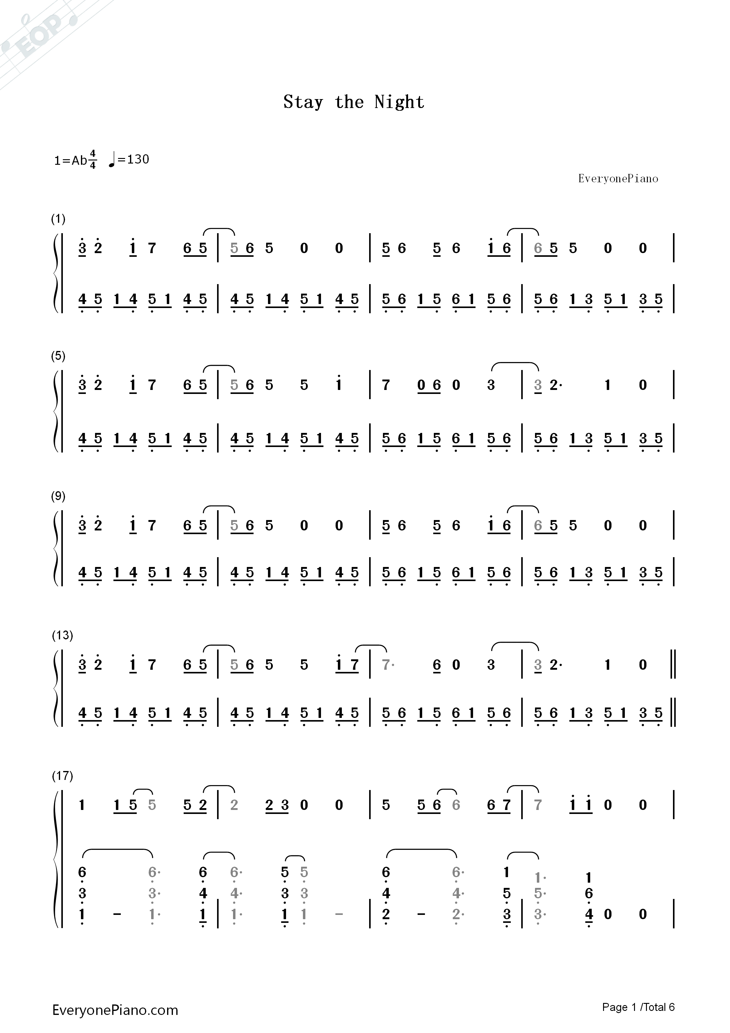 Stay_the_Night钢琴简谱_Zedd&Hayley_Williams演唱