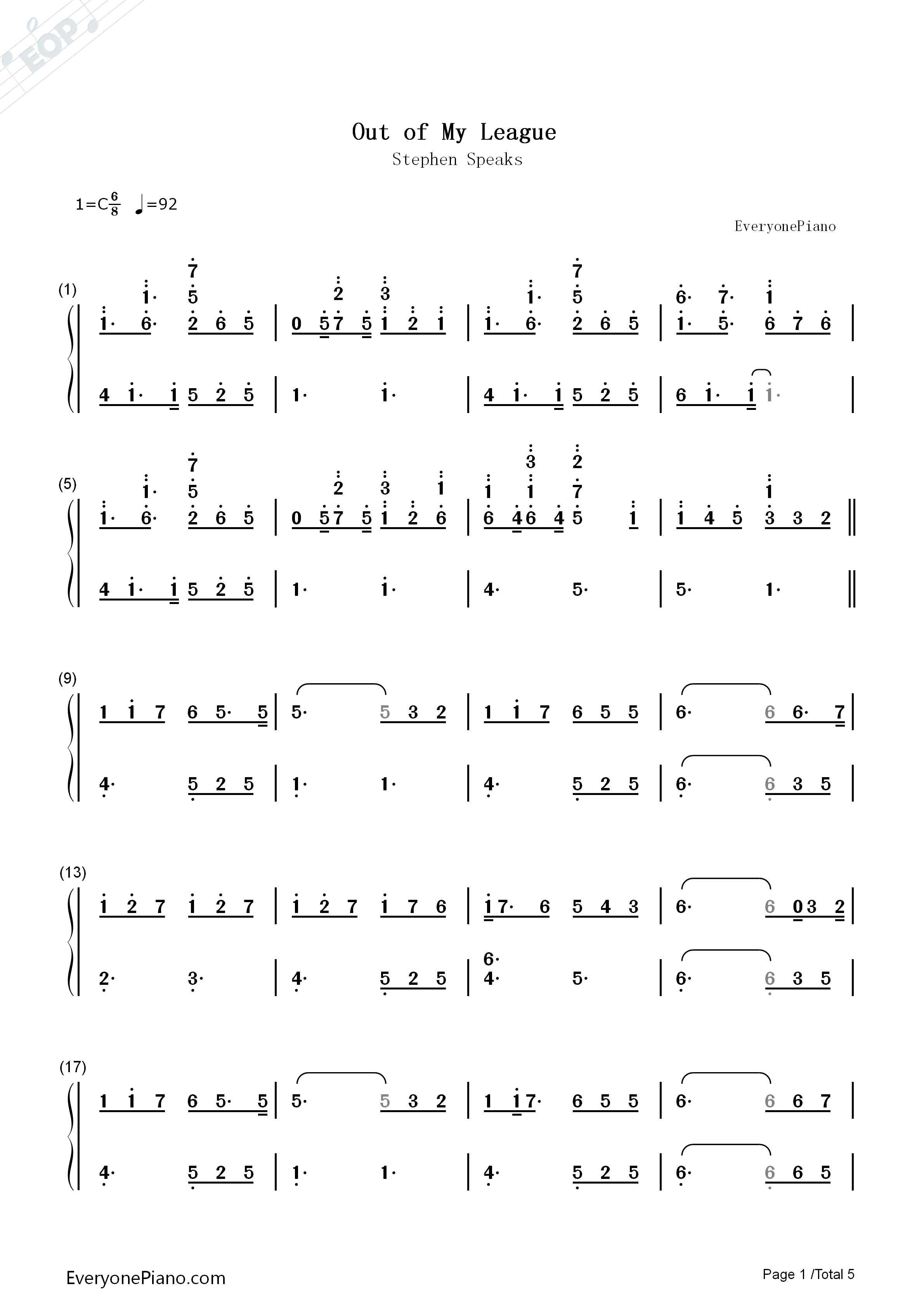 Out_Of_My_League钢琴简谱_Stephen_Speaks演唱