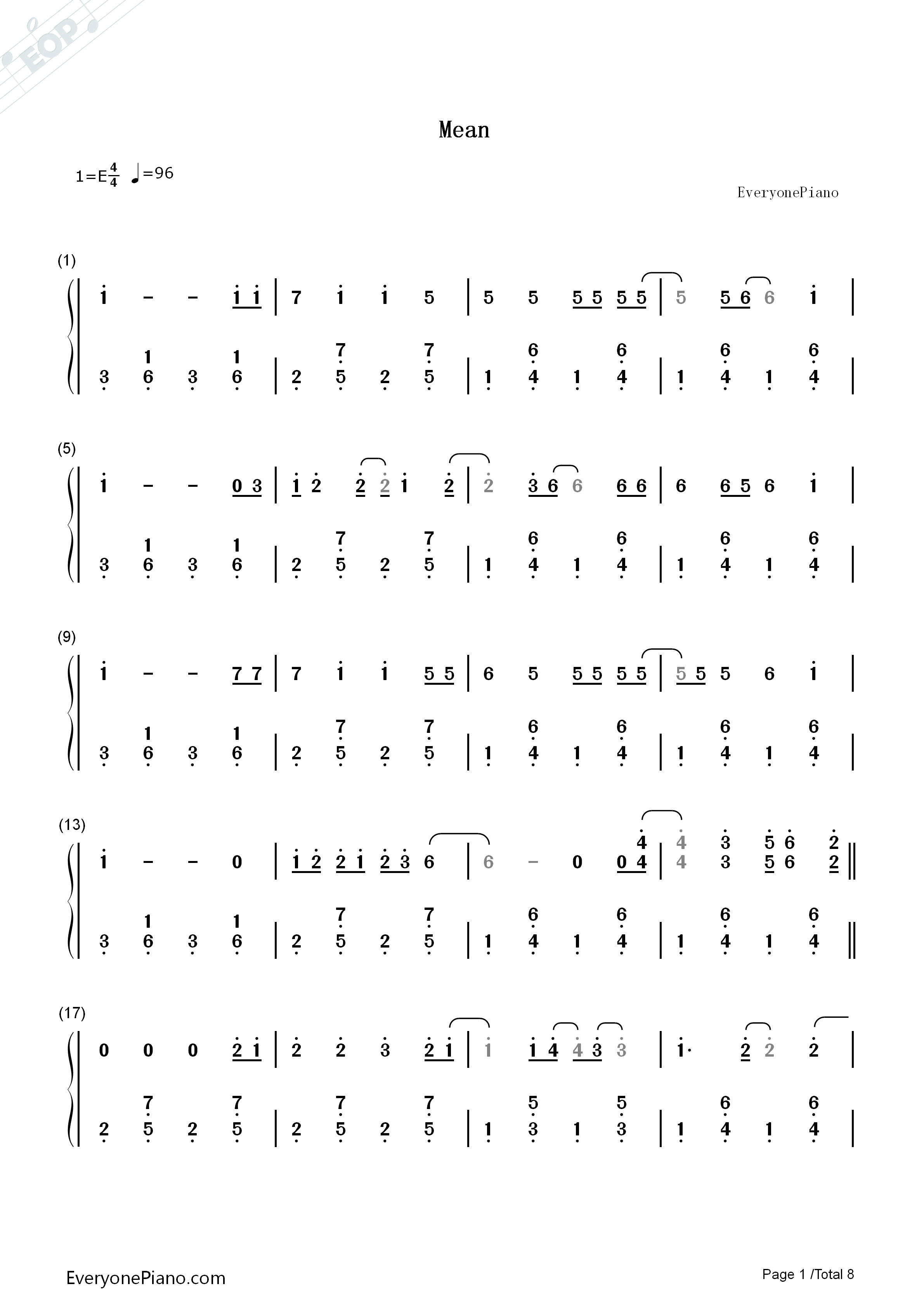 Mean钢琴简谱_Taylor_Swift演唱