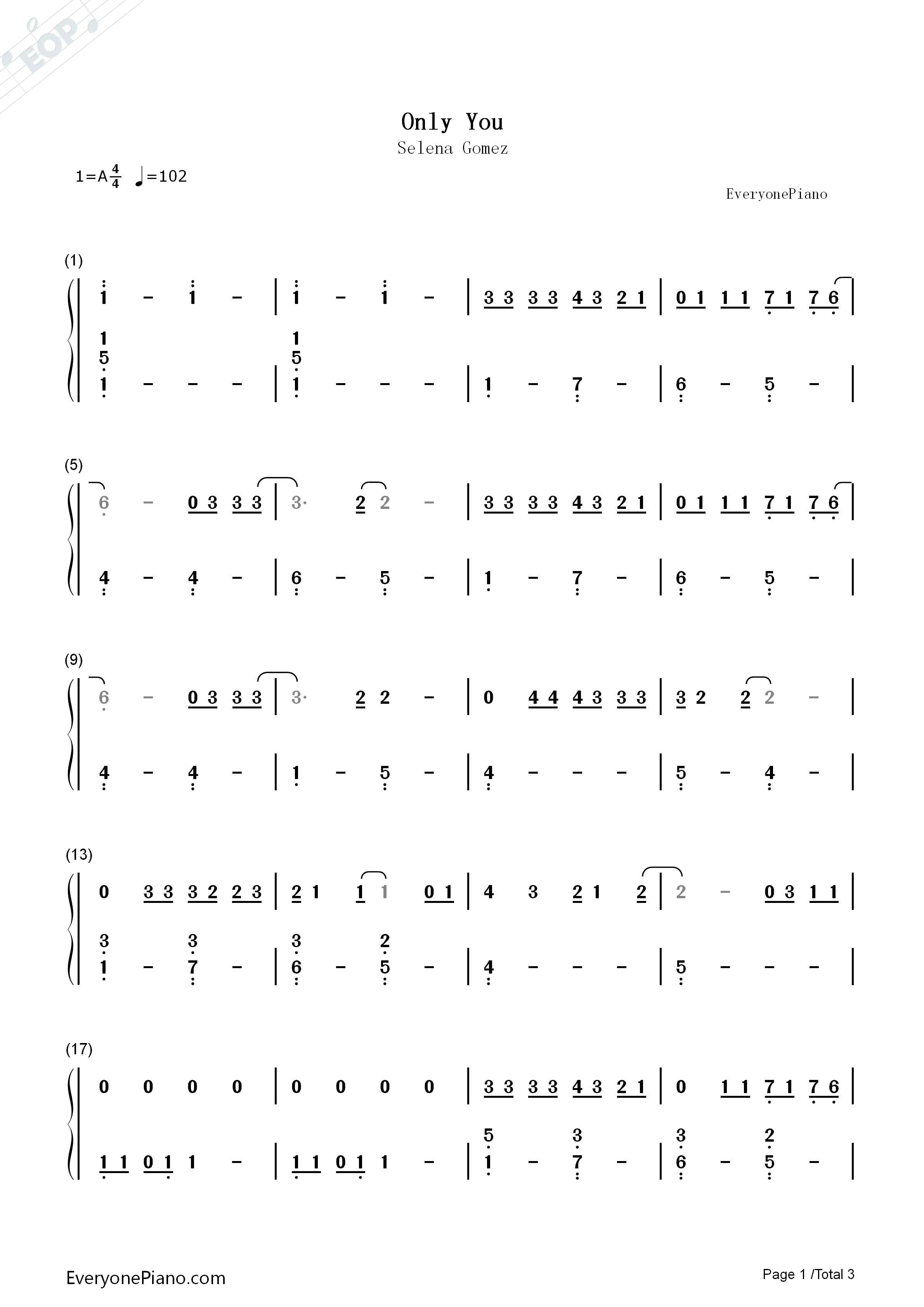 Only_You钢琴简谱_Selena_Gomez演唱