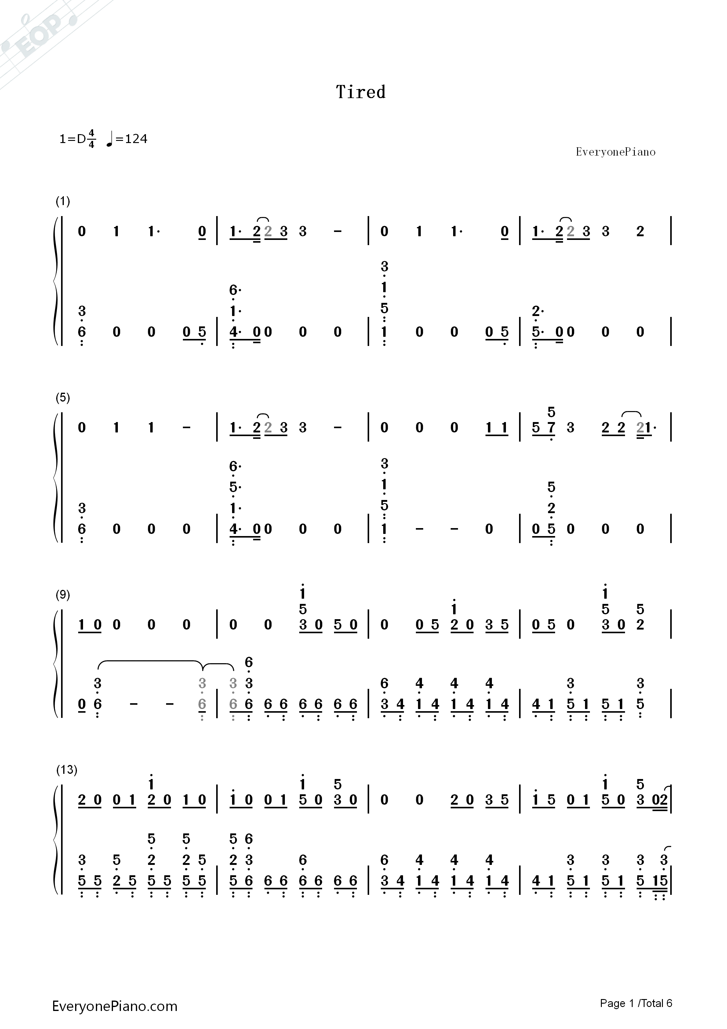 Tired钢琴简谱_Alan_Walker_ft_Galvin_James演唱