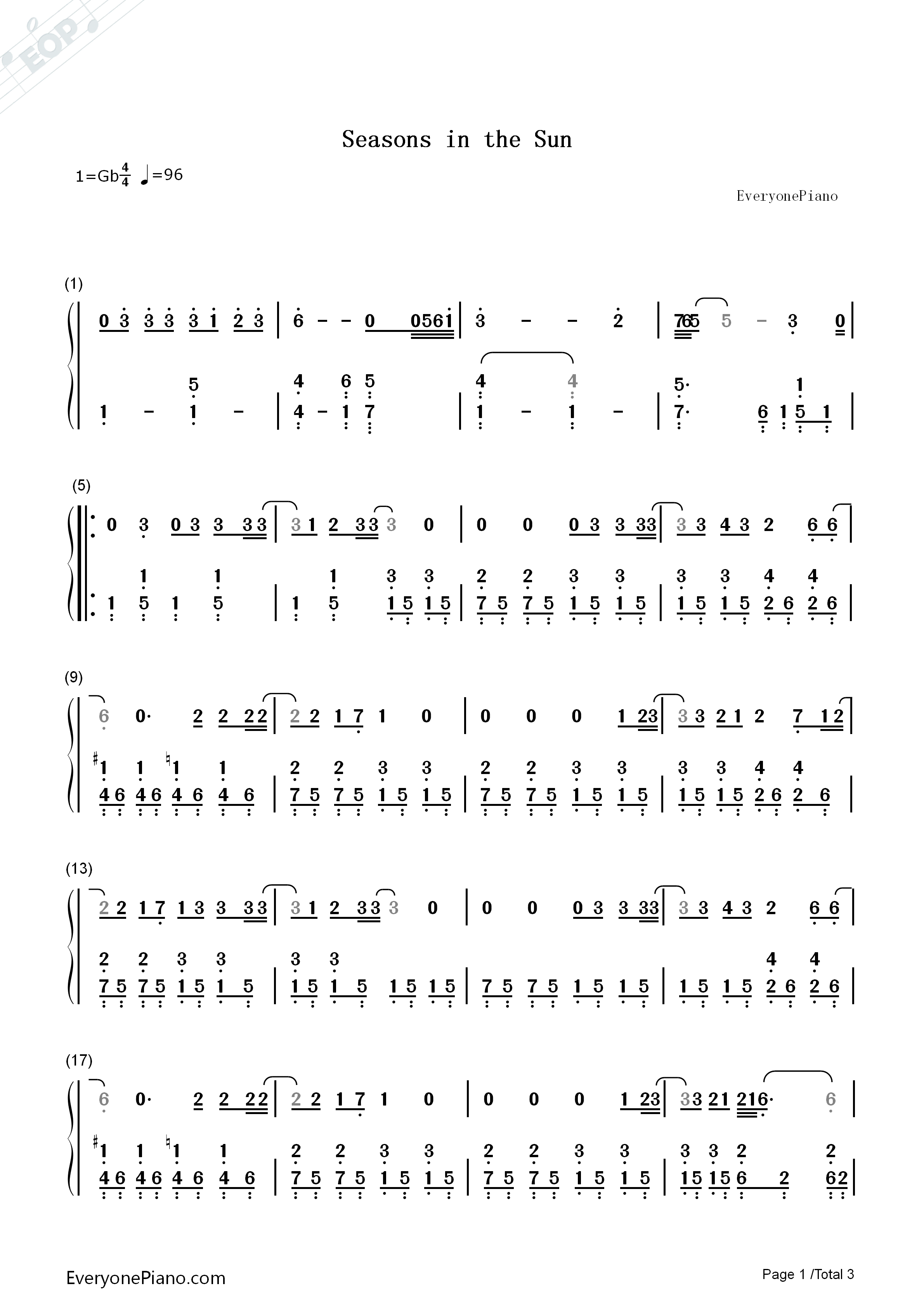 Seasons_in_the_Sun钢琴简谱_西城男孩（Westlife）演唱