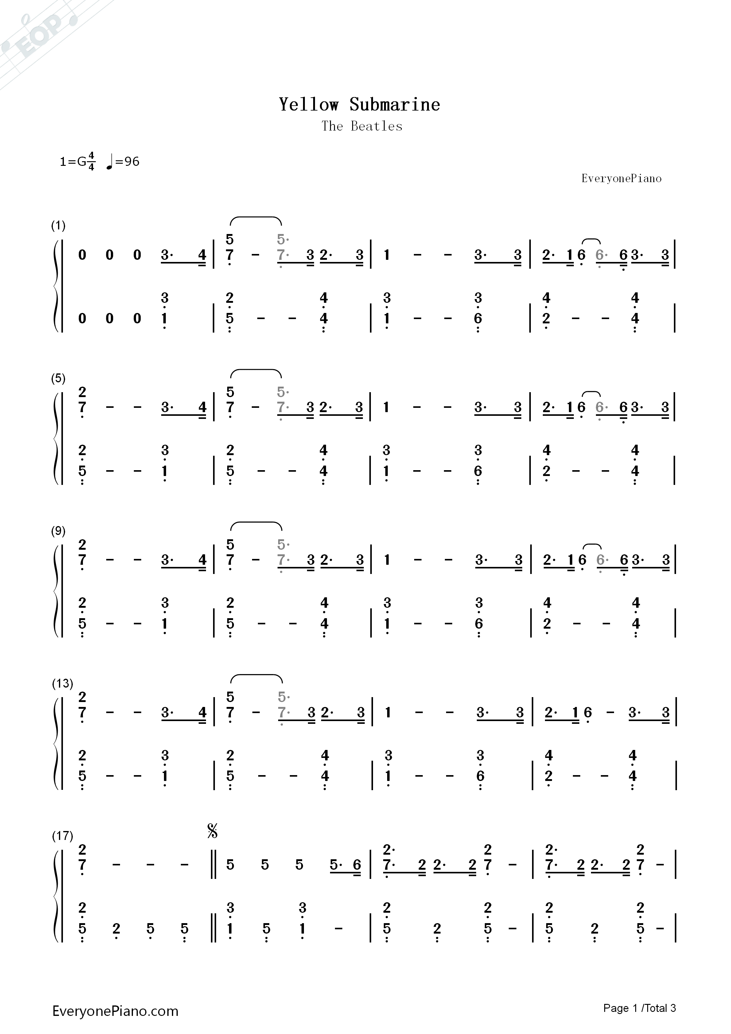 Yellow_Submarine钢琴简谱_The_Beatles演唱