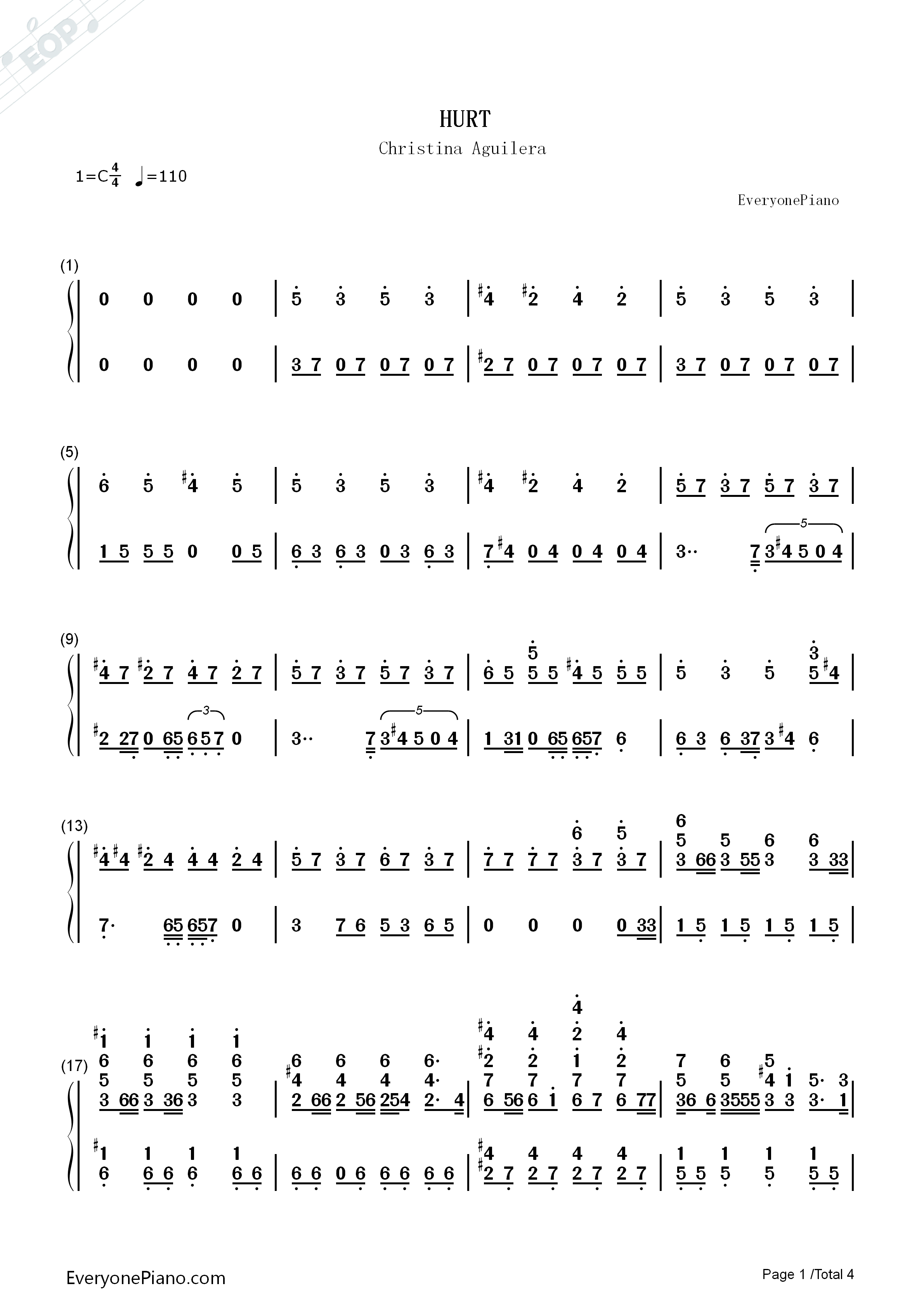 Hurt钢琴简谱_Christina_Aguilera演唱