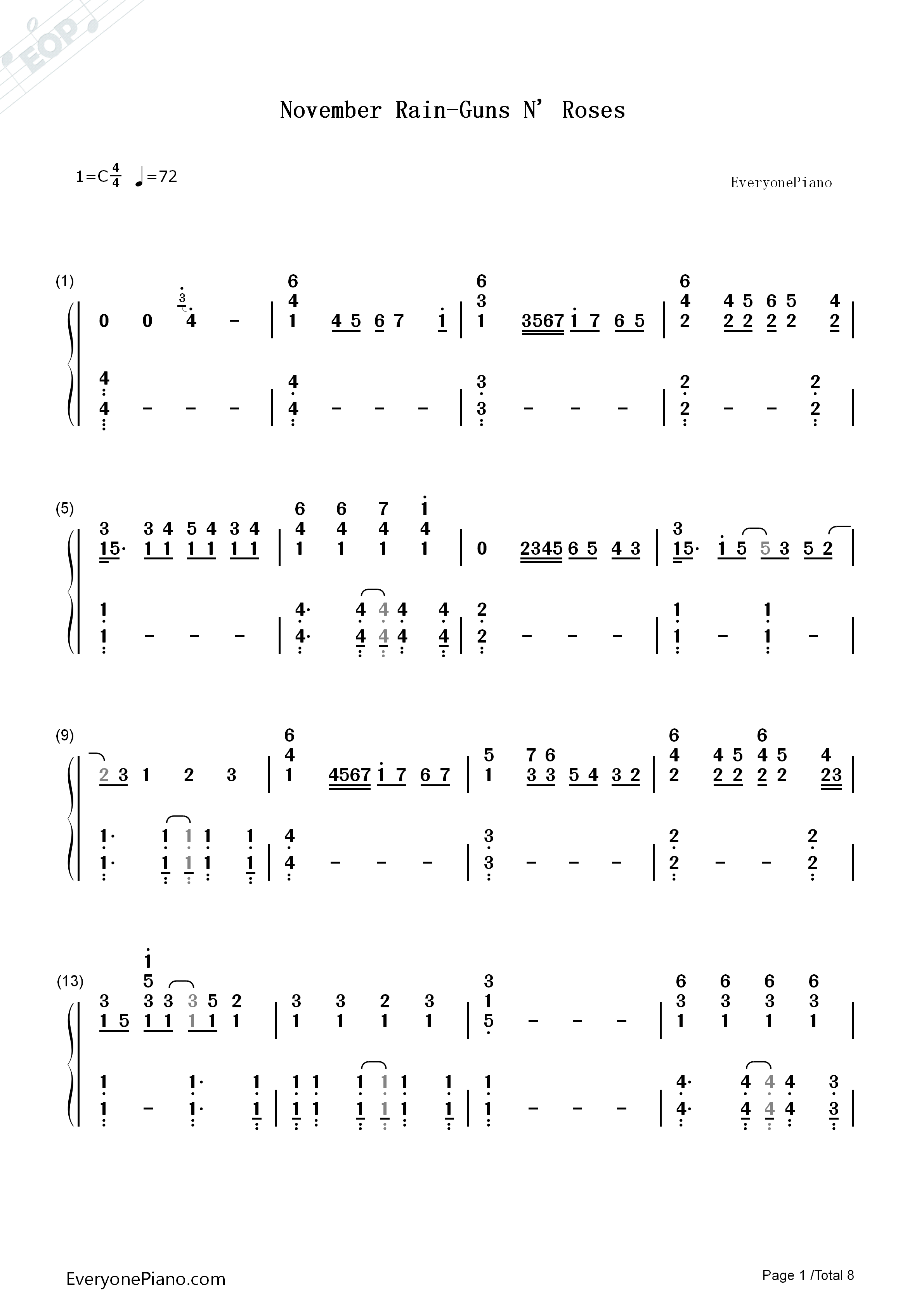 November_Rain钢琴简谱_Guns_N'_Roses演唱