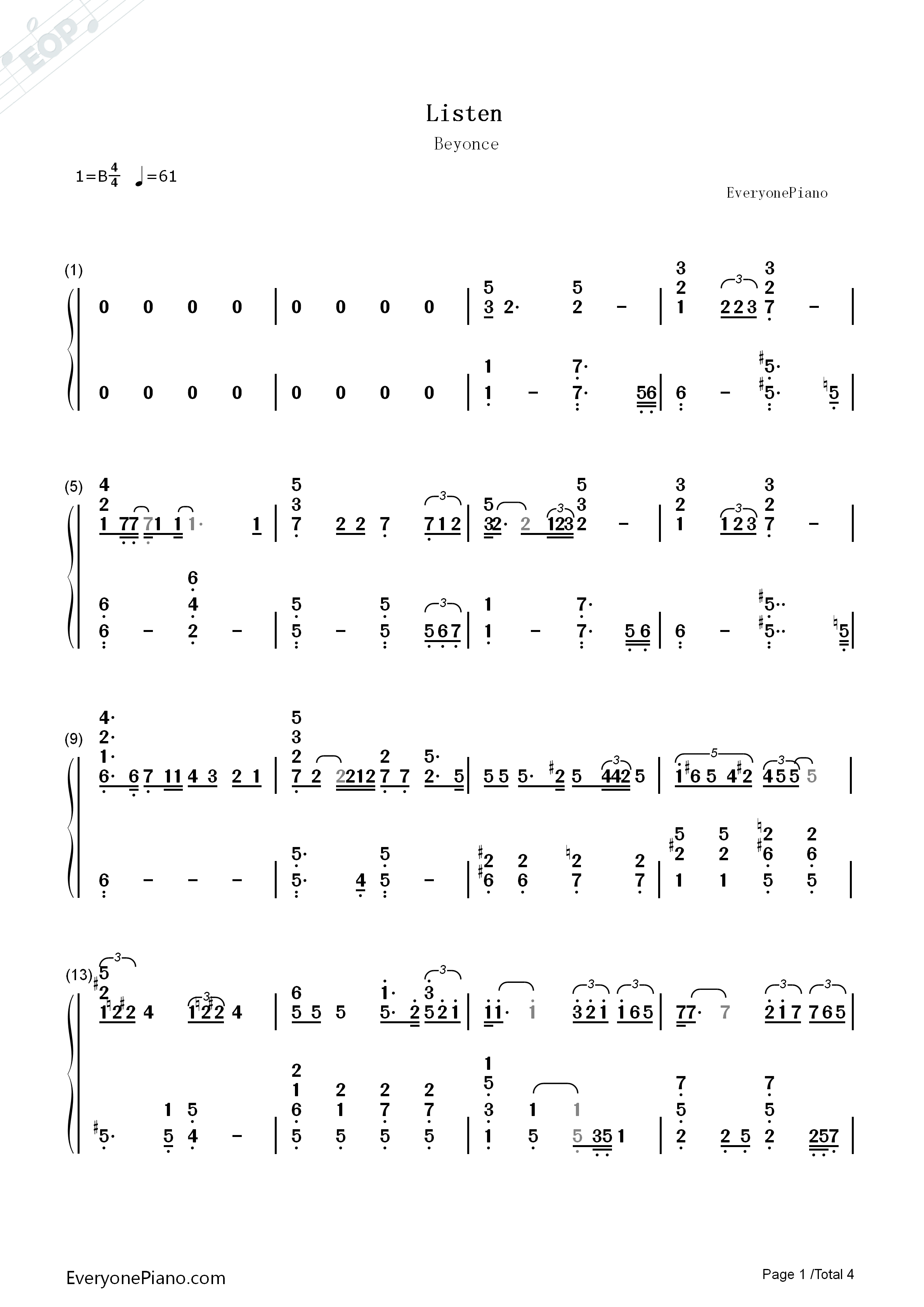 Listen钢琴简谱_Beyonce演唱