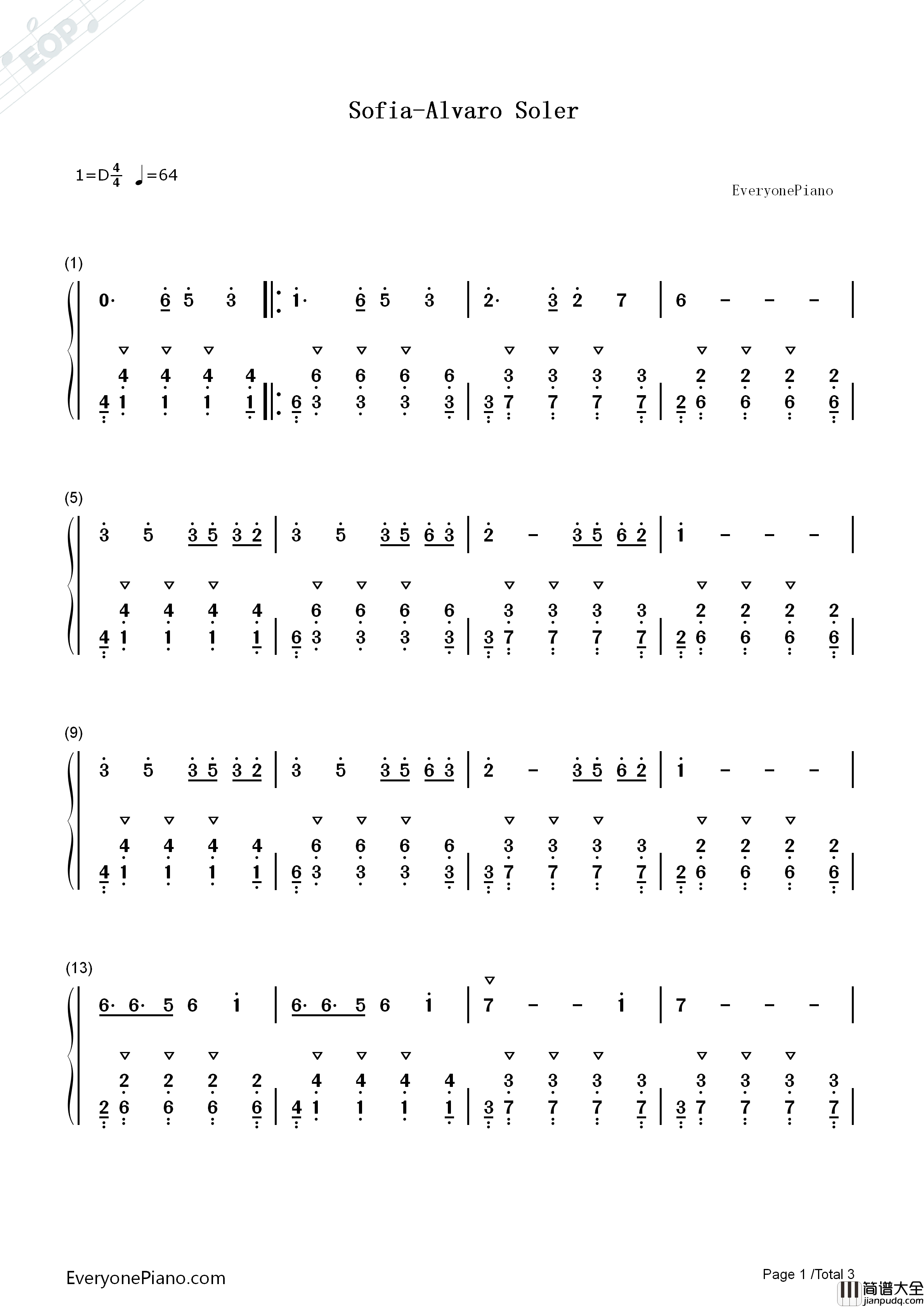 Sofia钢琴简谱_Alvaro_Soler演唱
