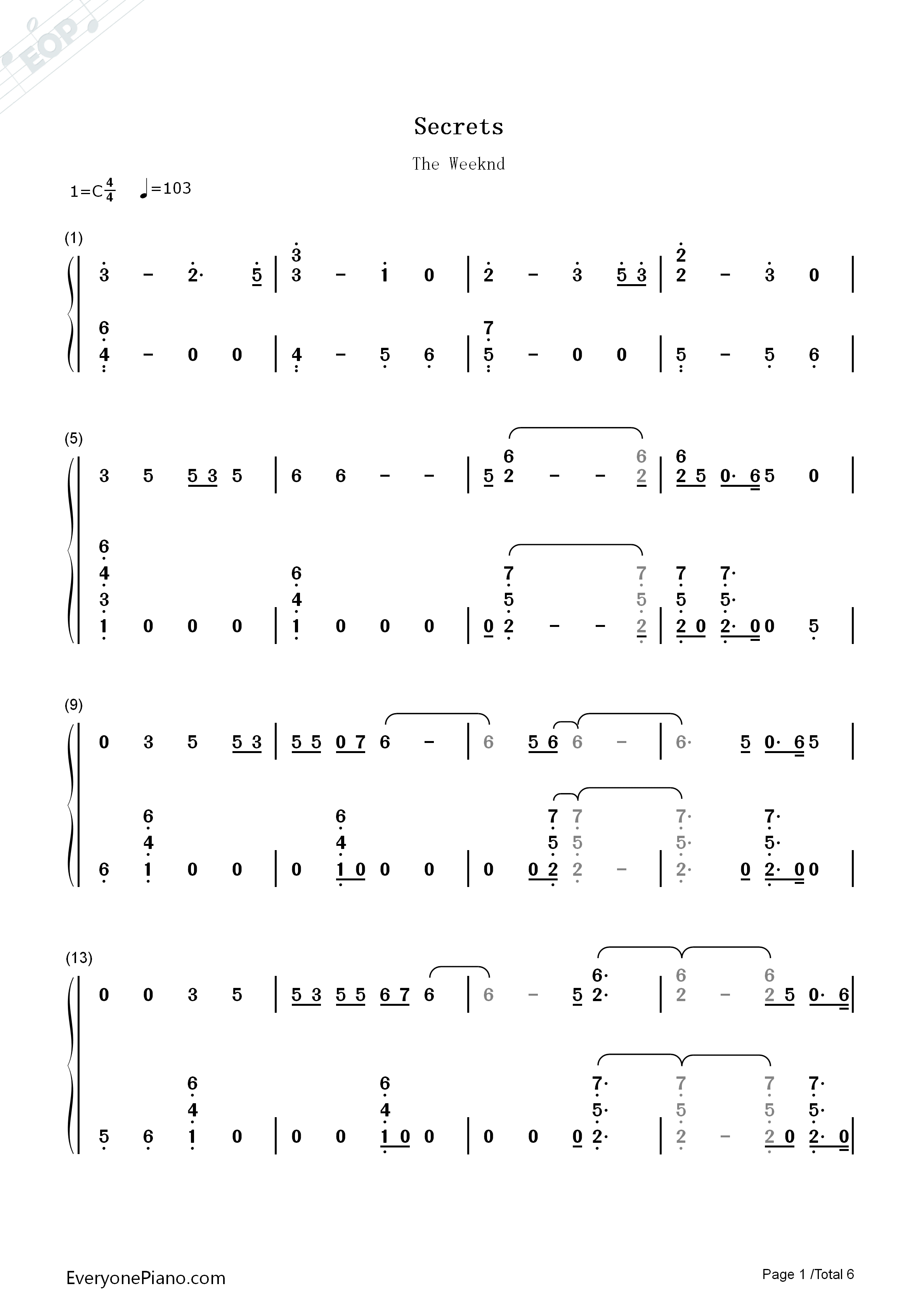 Secrets钢琴简谱_The_Weeknd演唱