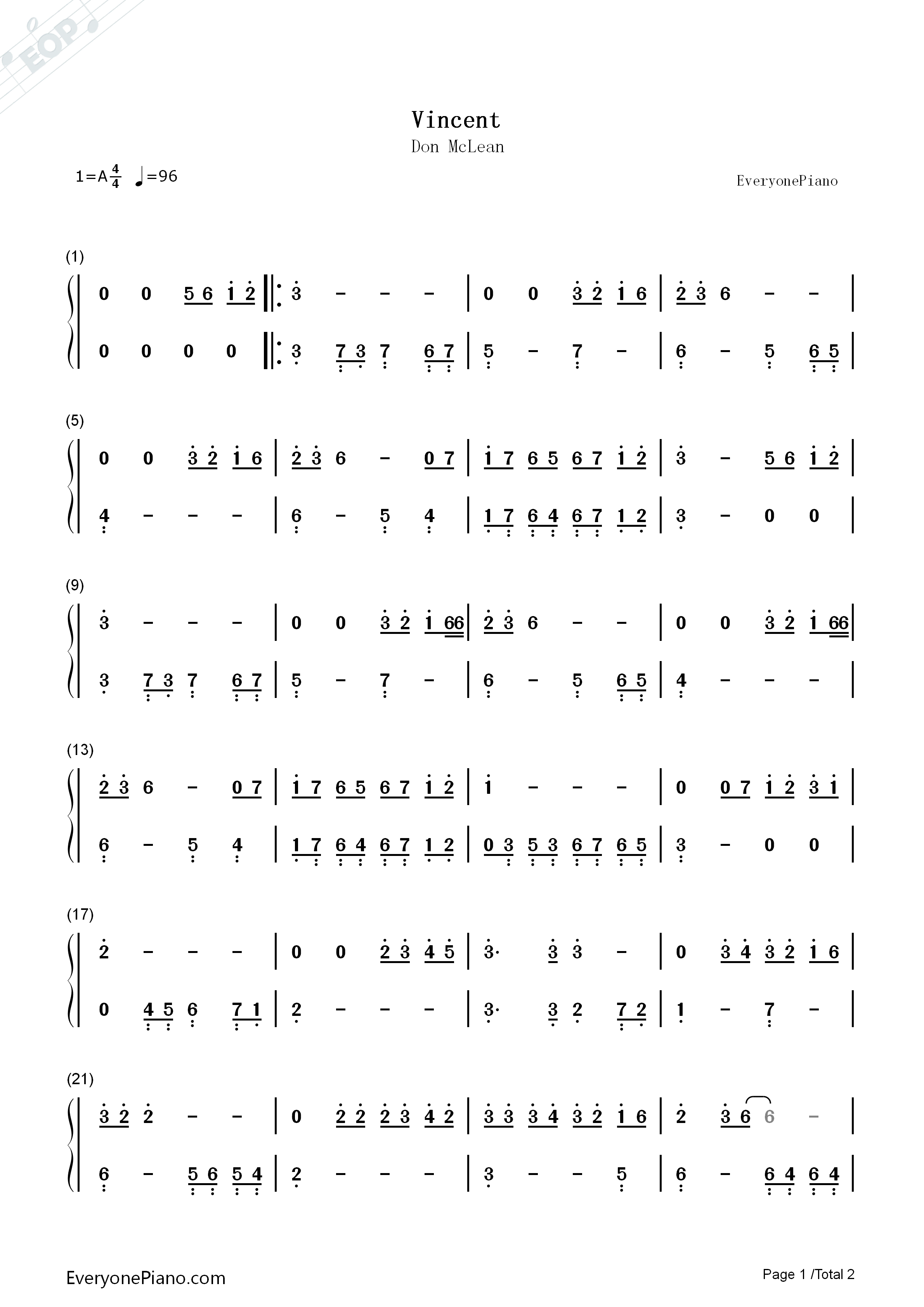 Vincent钢琴简谱_Don_McLean演唱