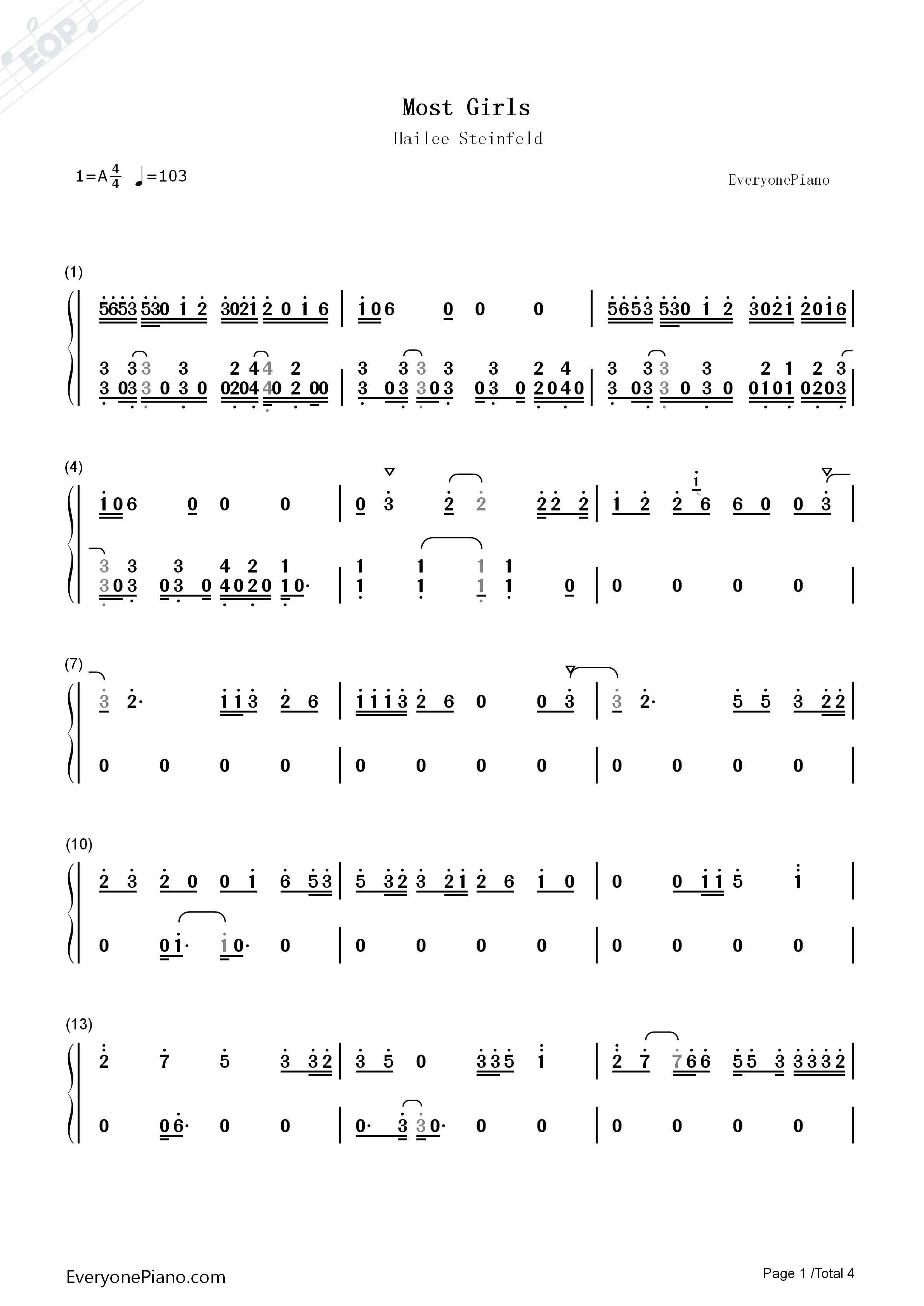 Most_Girls钢琴简谱_Hailee_Steinfeld演唱