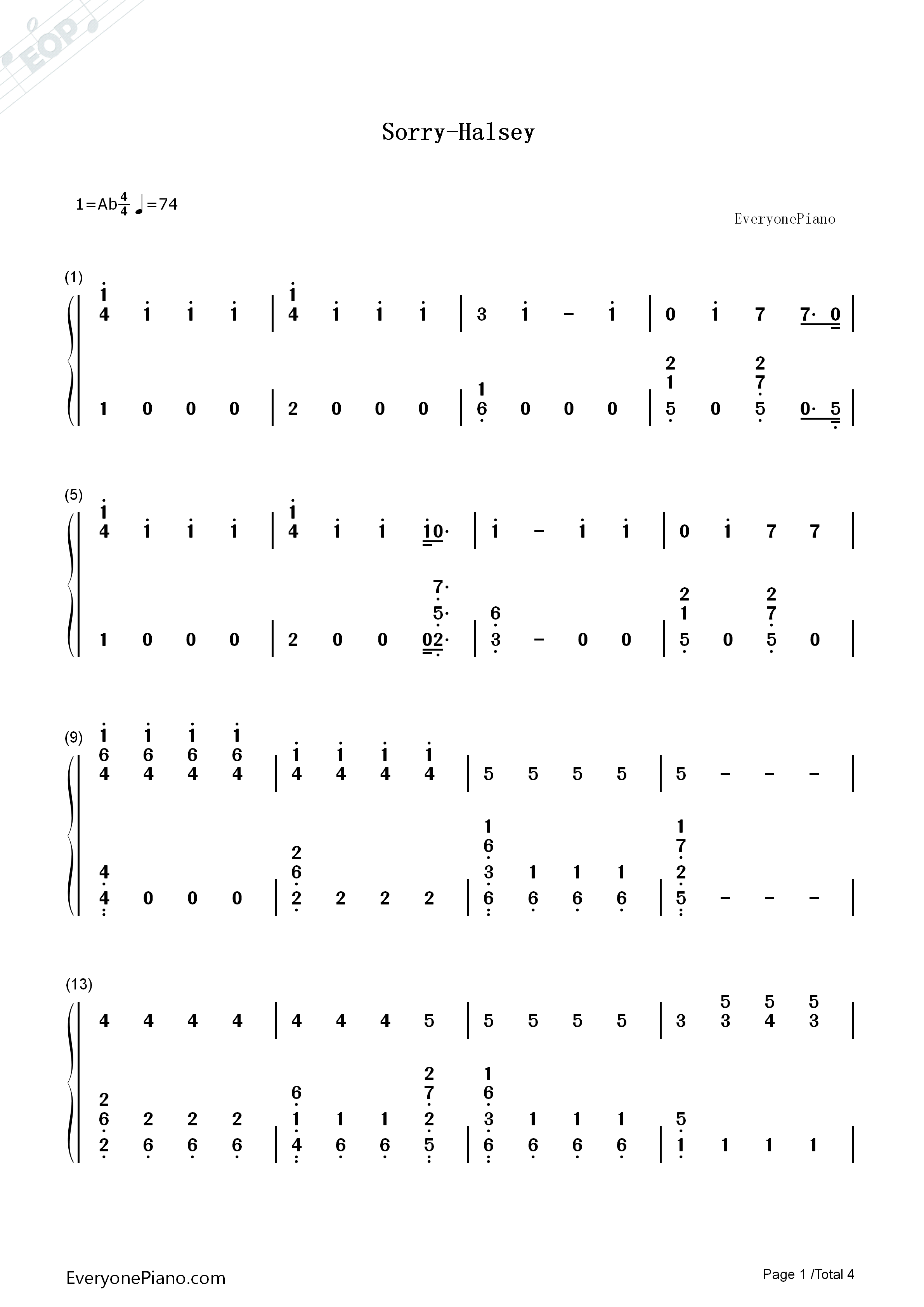 Sorry钢琴简谱_Halsey演唱