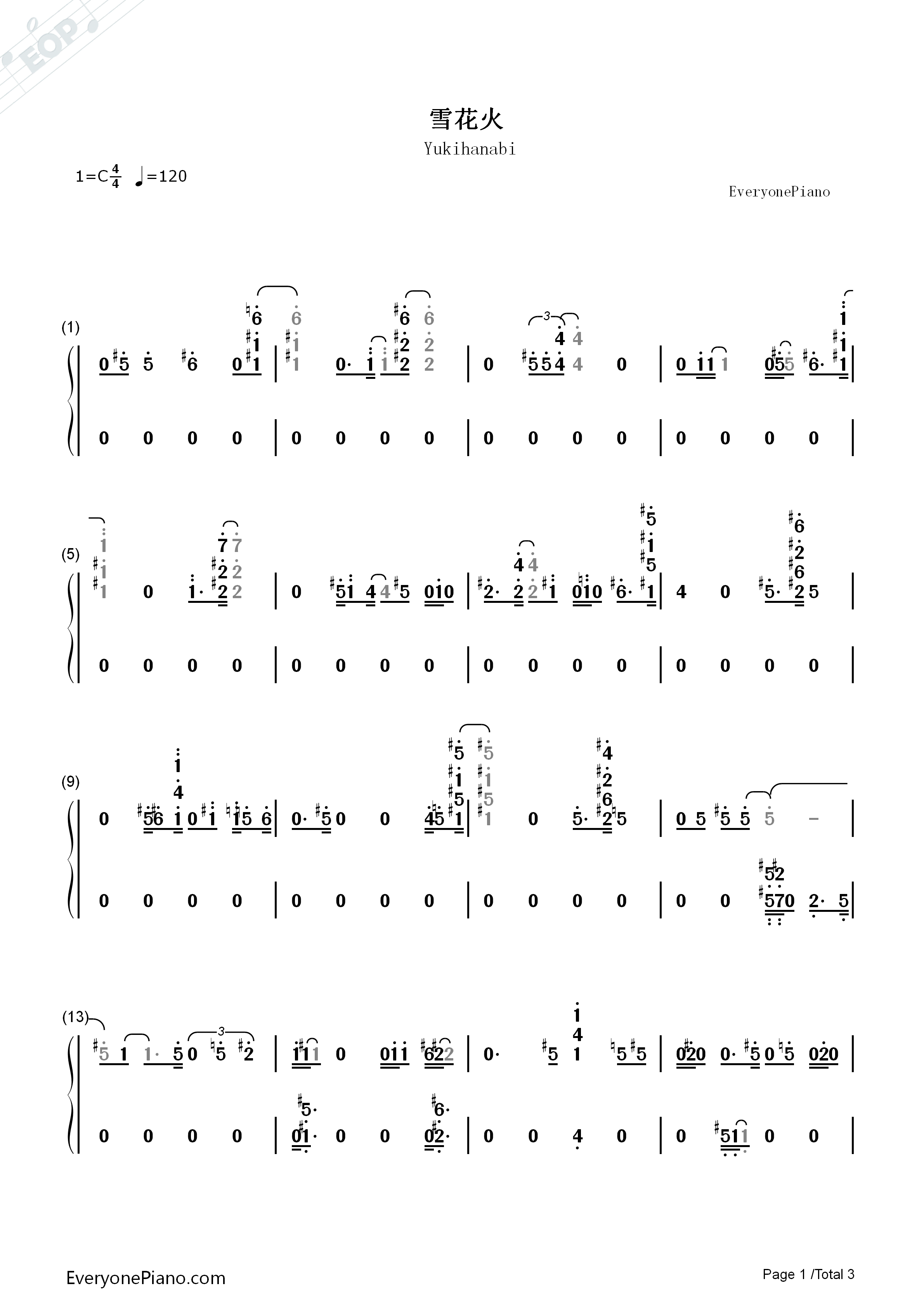 雪花火钢琴简谱_冰无小雪(CV:早见沙织)演唱