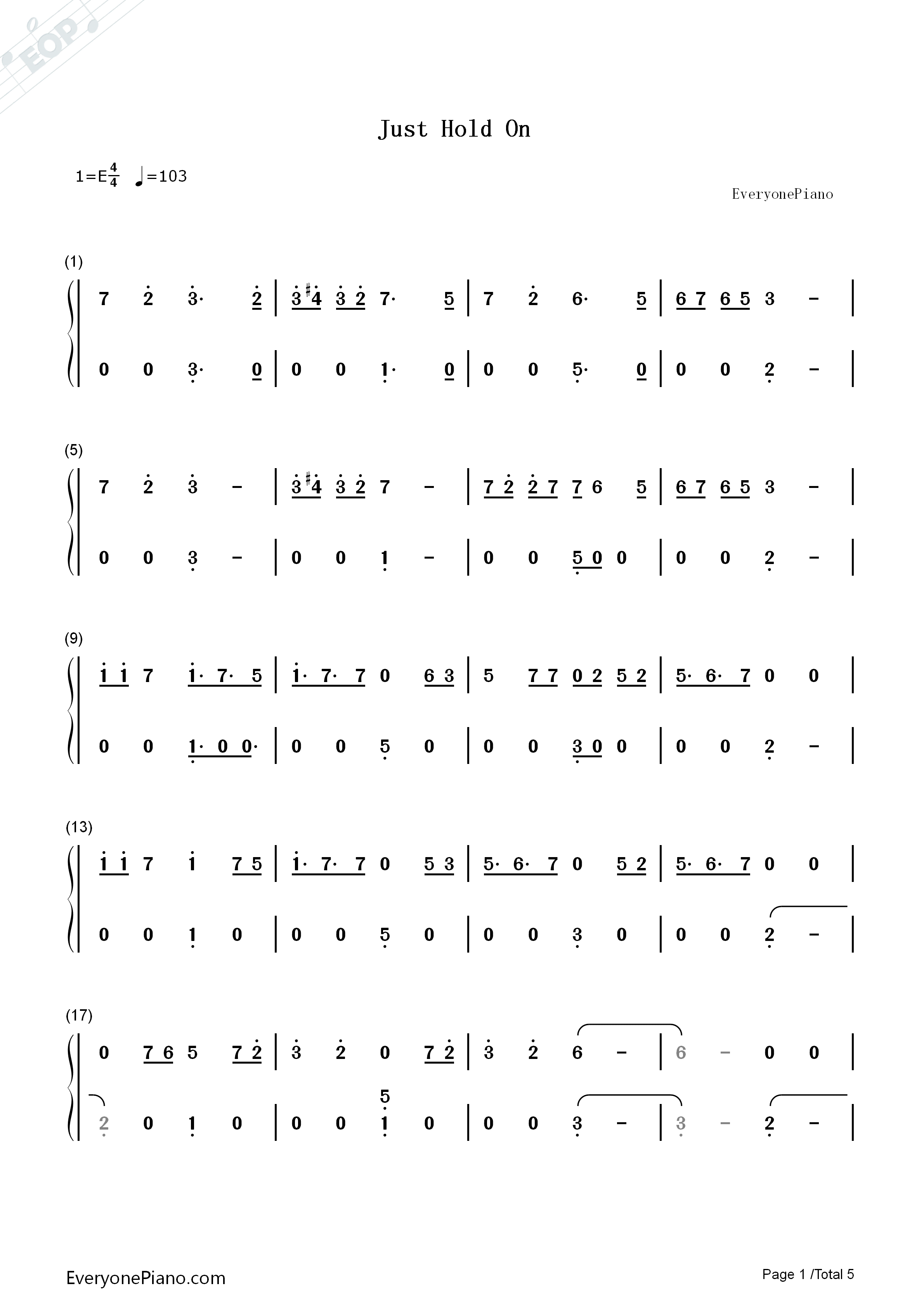 Just_Hold_On钢琴简谱_Steve_Aoki_and_Louis_Tomlinson演唱