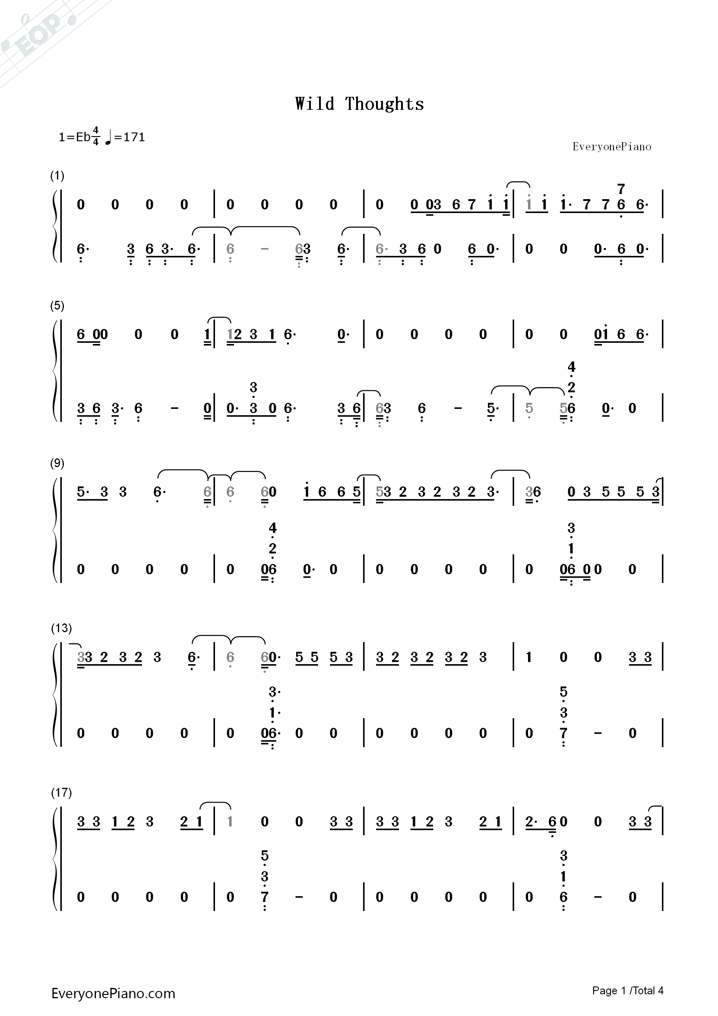 Wild_Thoughts钢琴简谱_DJ_Khaled__Rihanna__Bryson_Tiller演唱