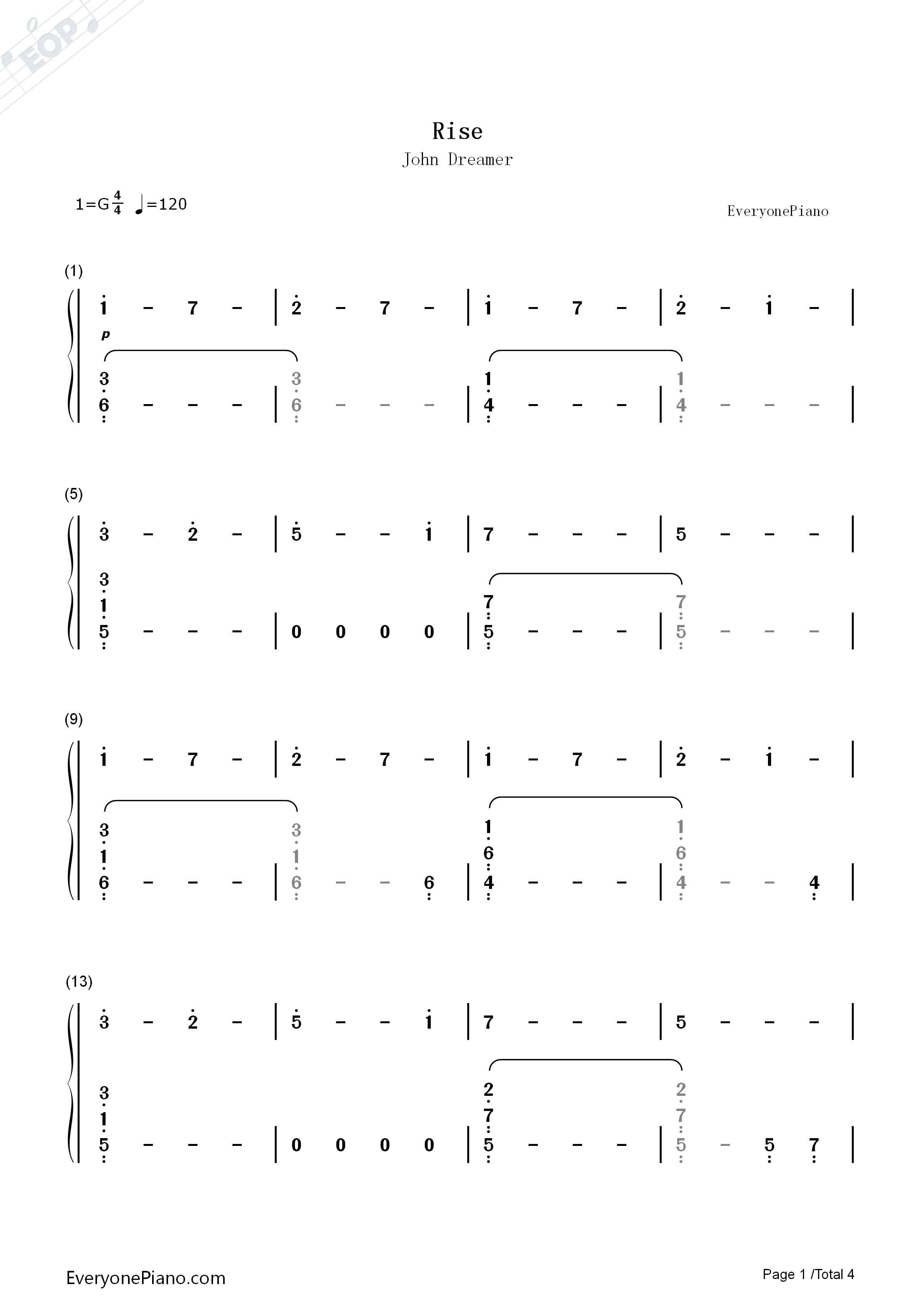 Rise钢琴简谱_John_Dreamer演唱