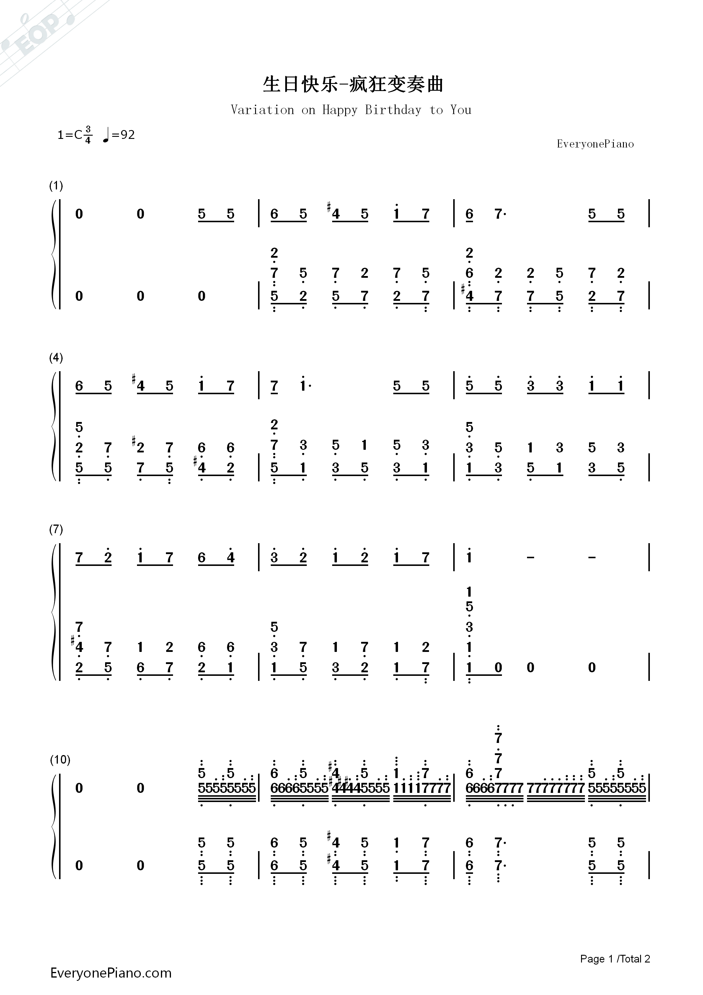 生日快乐疯狂变奏曲钢琴简谱_Happy_Birthday_to_you演唱