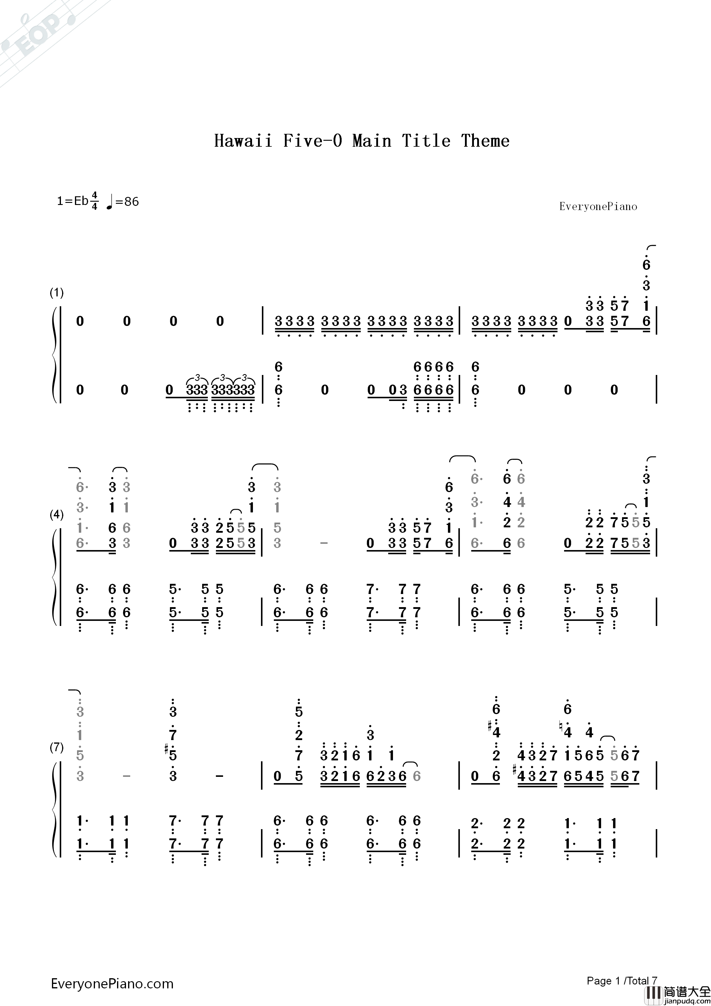 Hawaii_Five钢琴简谱_Brian_Tyler演唱