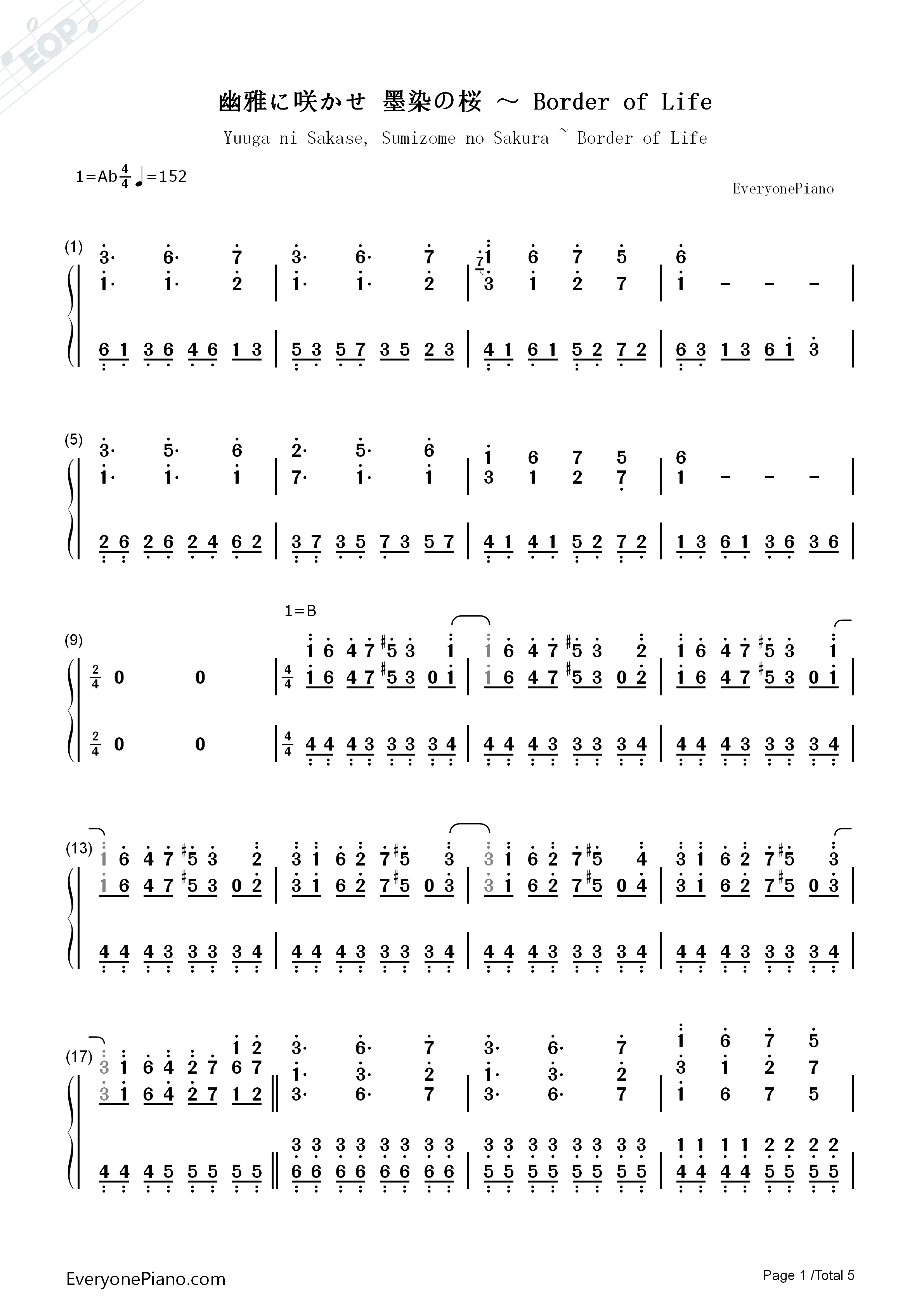 幽雅に咲かせ_墨染の桜_～_Border_of_Life钢琴简谱_东方Project演唱
