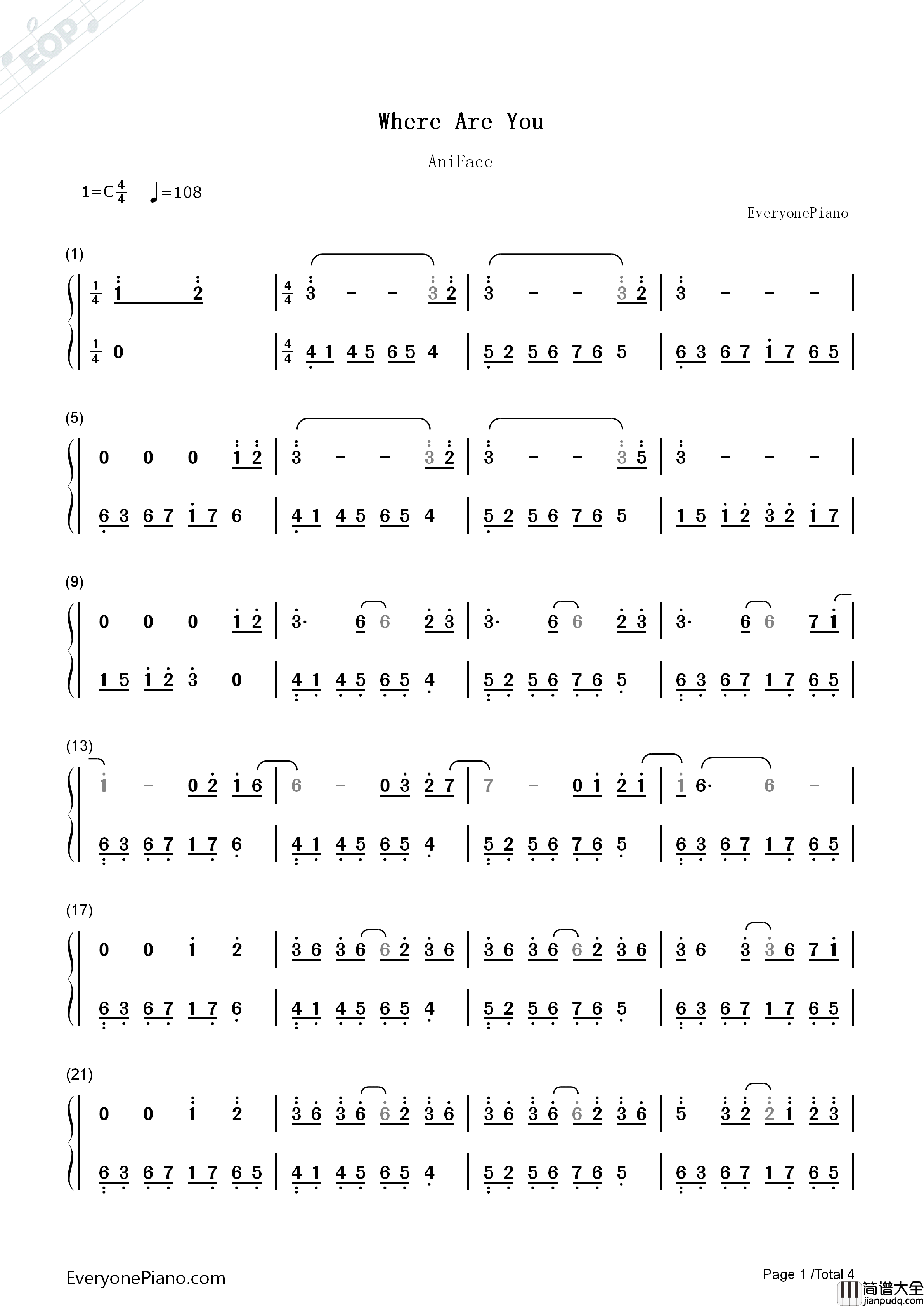 Where_Are_You钢琴简谱_AniFace演唱