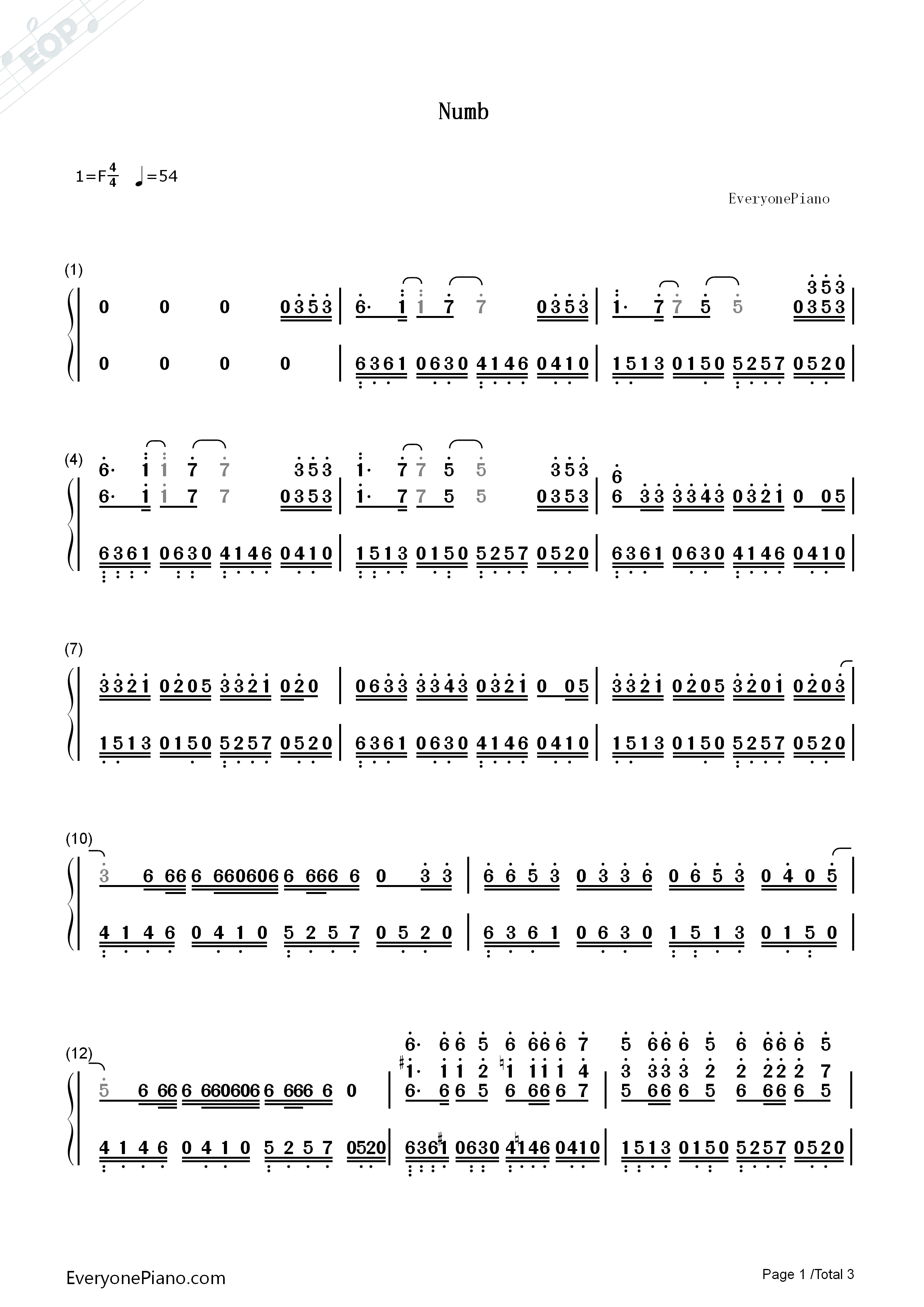 Numb钢琴简谱_Linkin_Park_林肯公园演唱