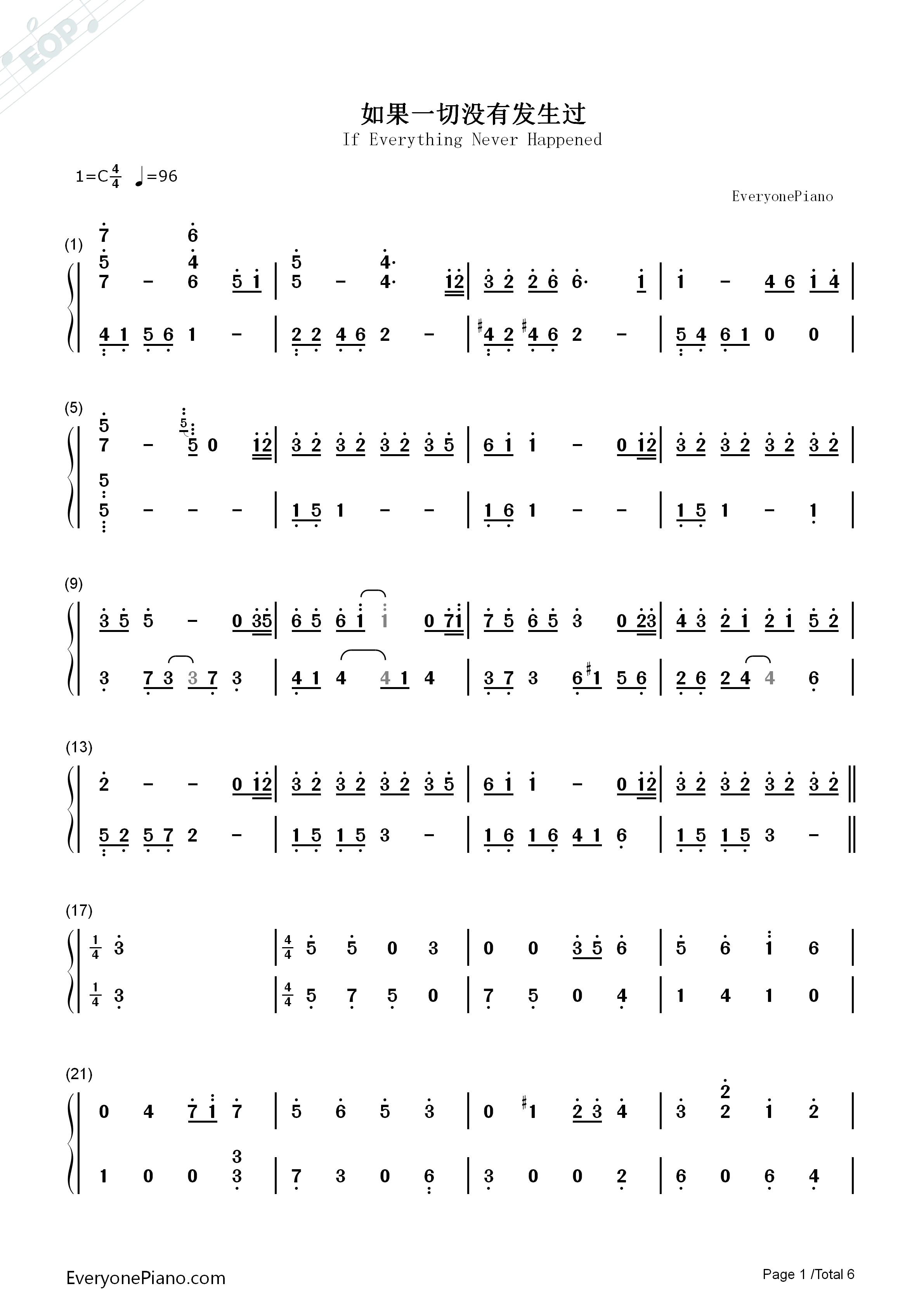 如果一切没有发生过钢琴简谱_张碧晨演唱