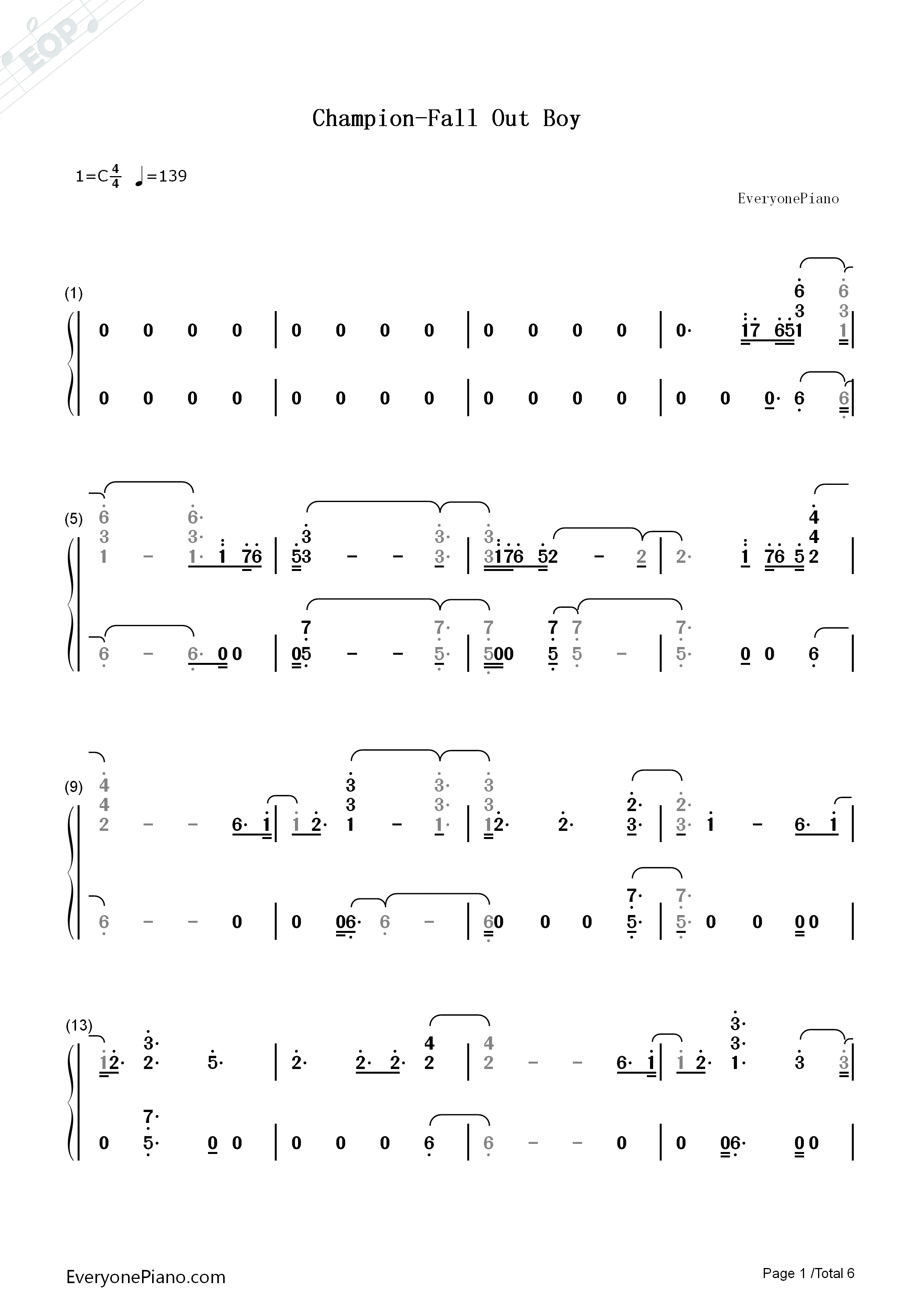 Champion钢琴简谱_Fall_Out_Boy演唱