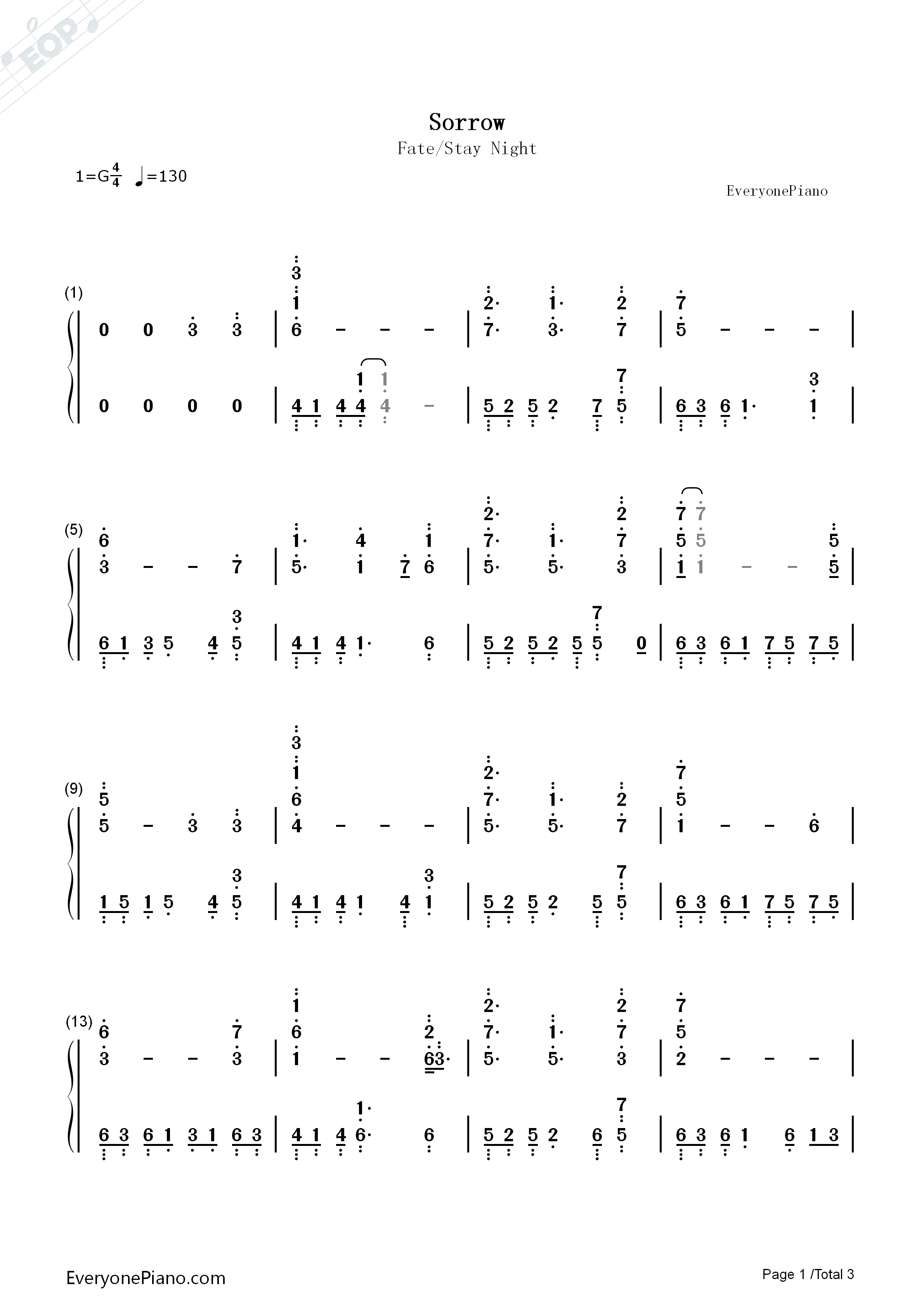 Sorrow钢琴简谱_川井宪次演唱