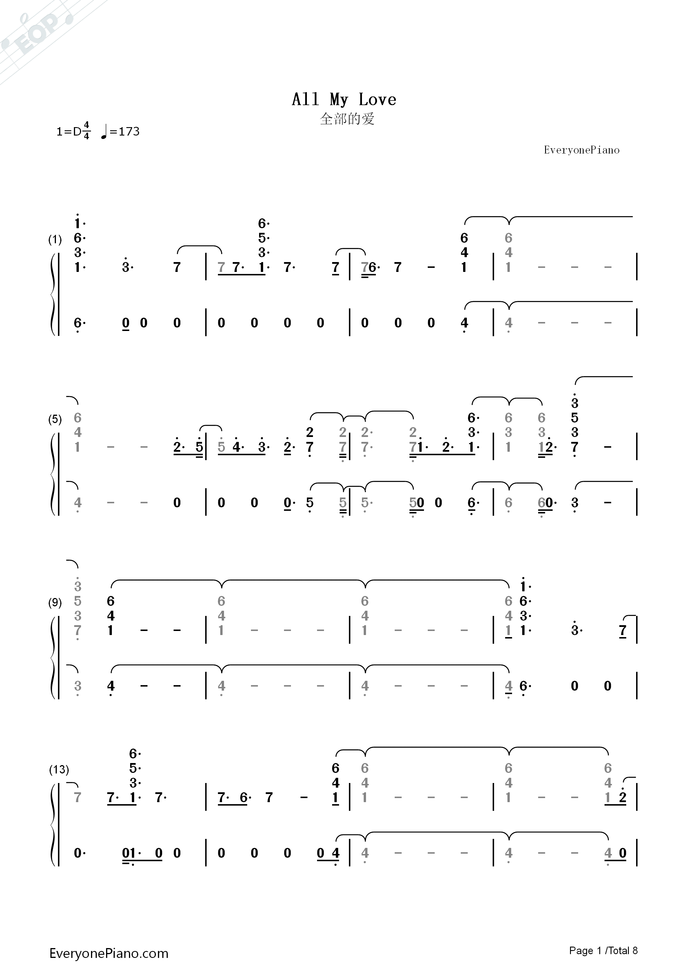 All_My_Love钢琴简谱_Cash_Cash_ft_Conor_Maynard演唱