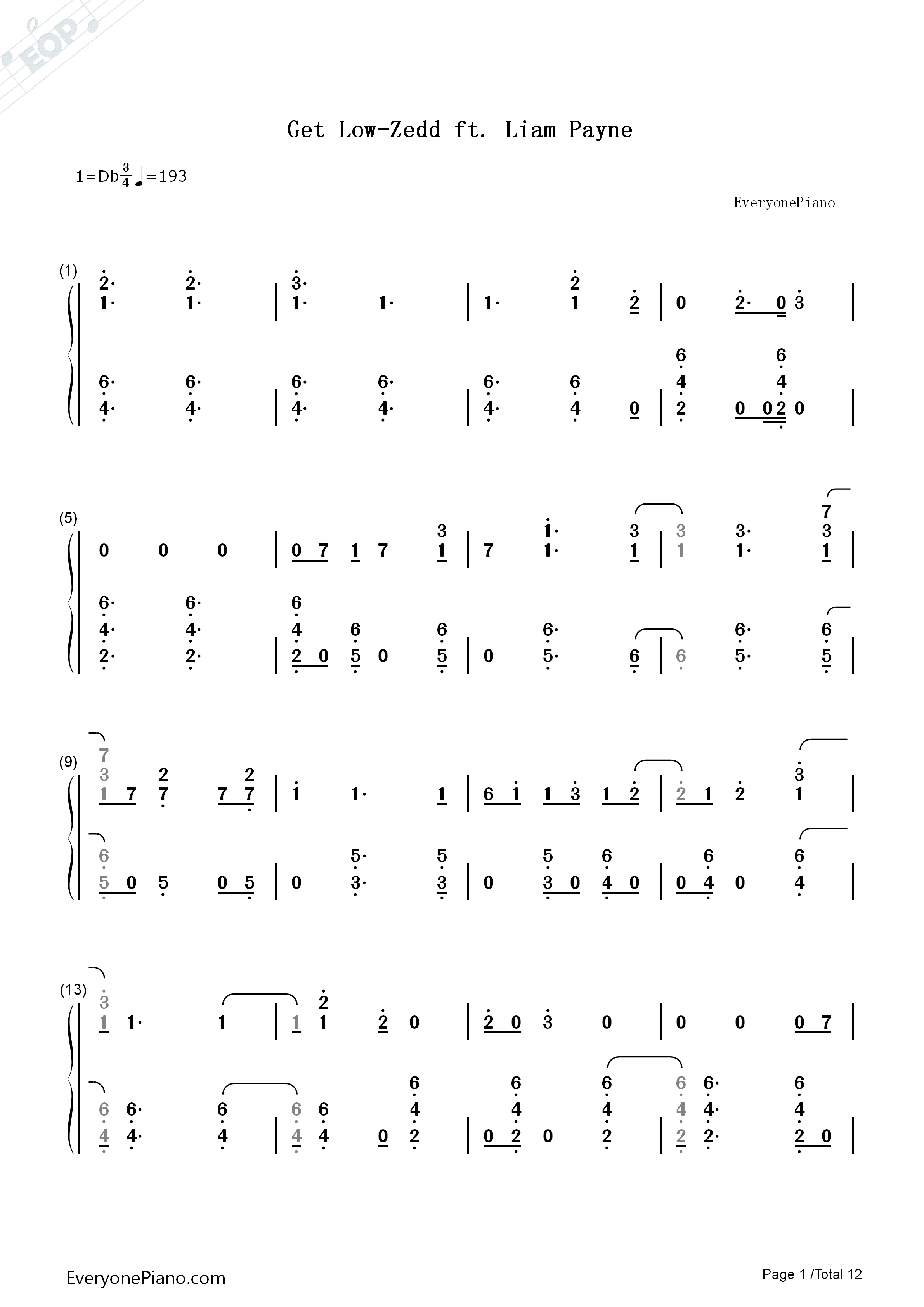 Get_Low钢琴简谱_Zedd_ft_Liam_Payne演唱