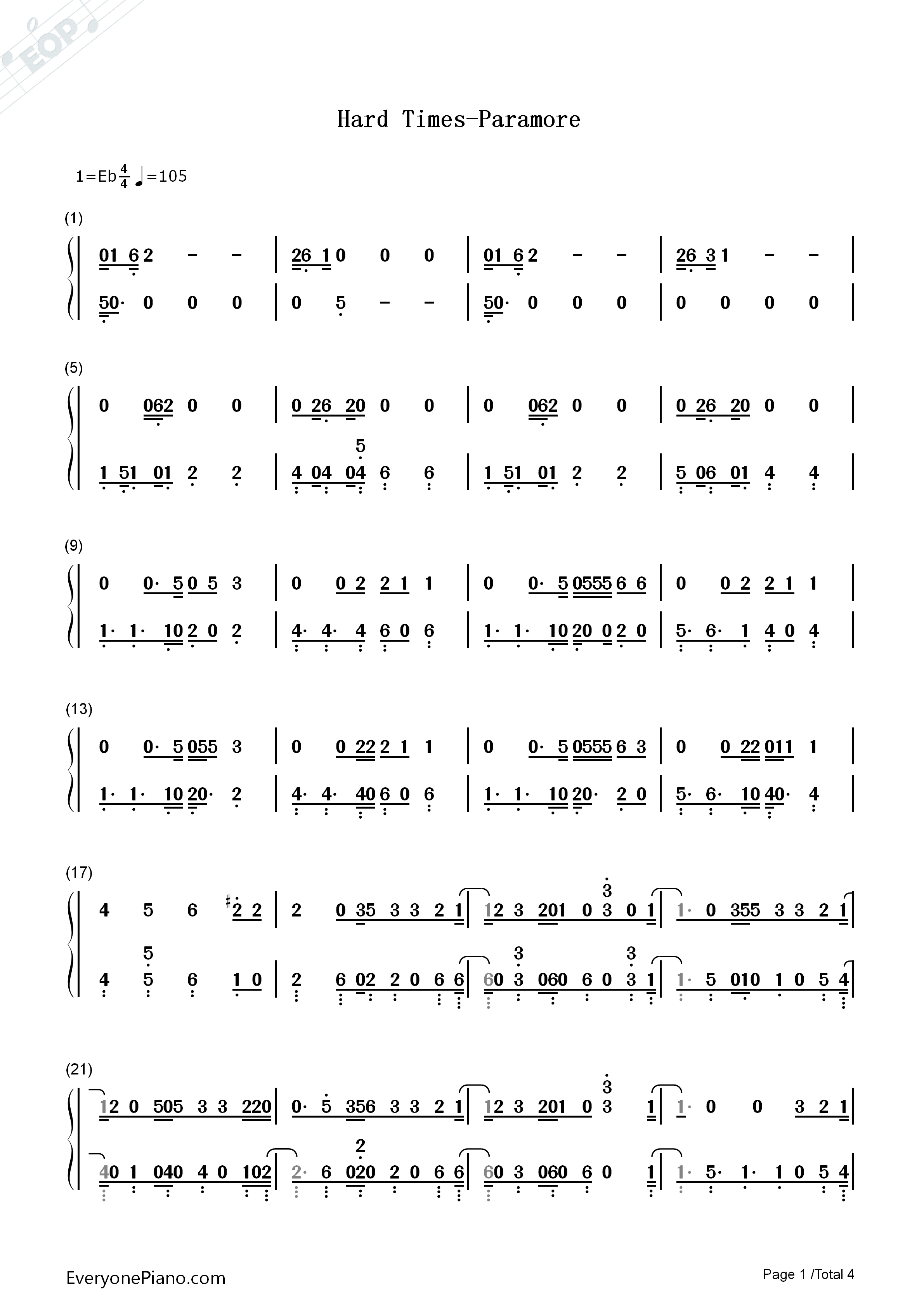 Hard_Times钢琴简谱_Paramore演唱